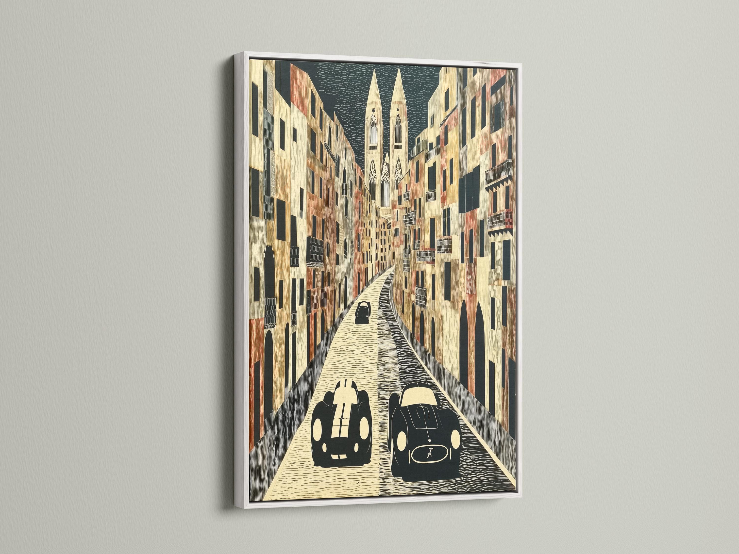 Retro cars on a textured city street with tall buildings and a patterned sky detail view