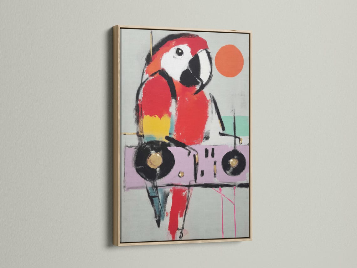 Stylised parrot bird portrait in red and black with a large orange circle accent detail view