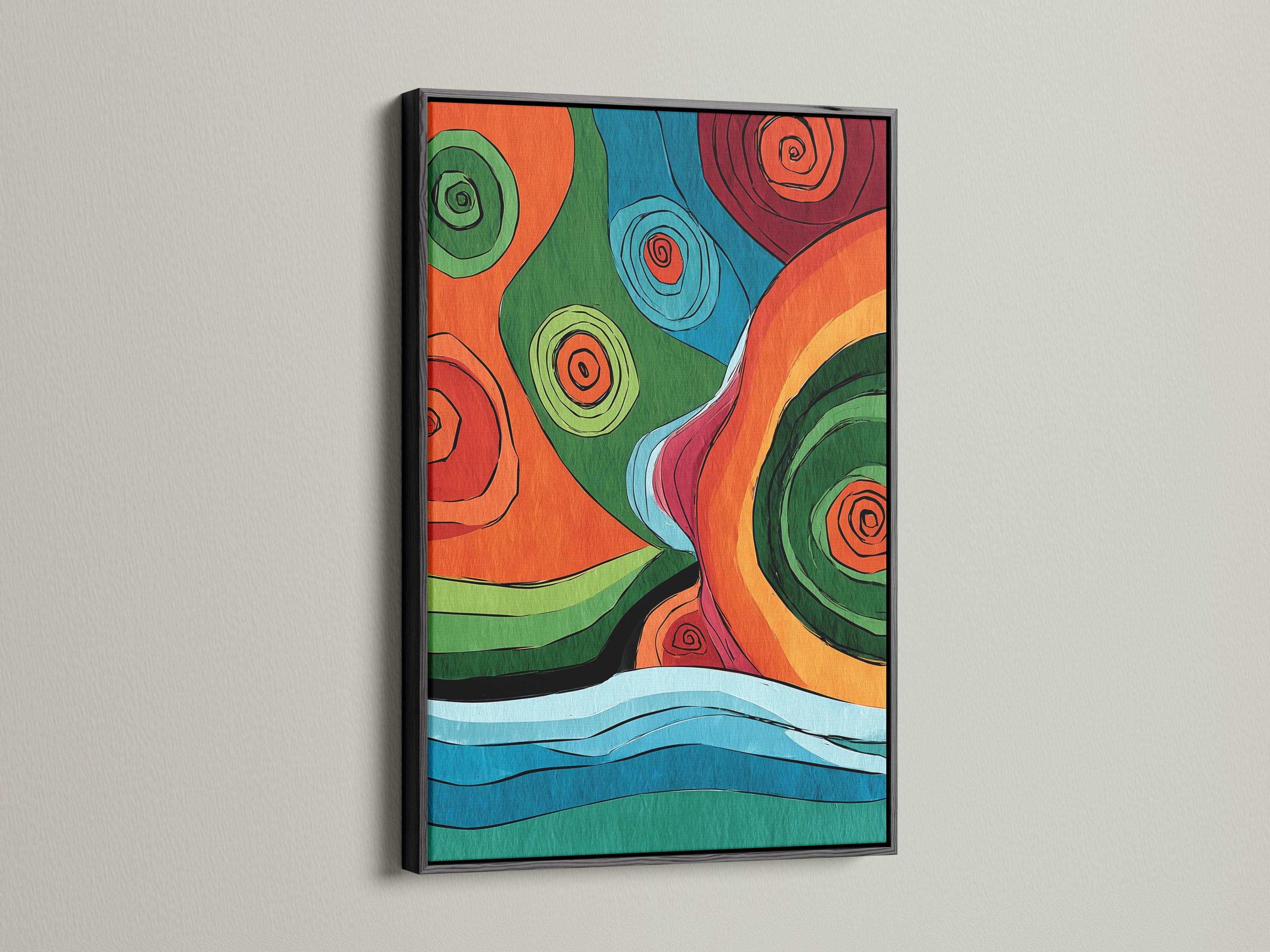 Colourful abstract artwork with overlapping circles and concentric spiral swirls in orange, green, blue and red detail view