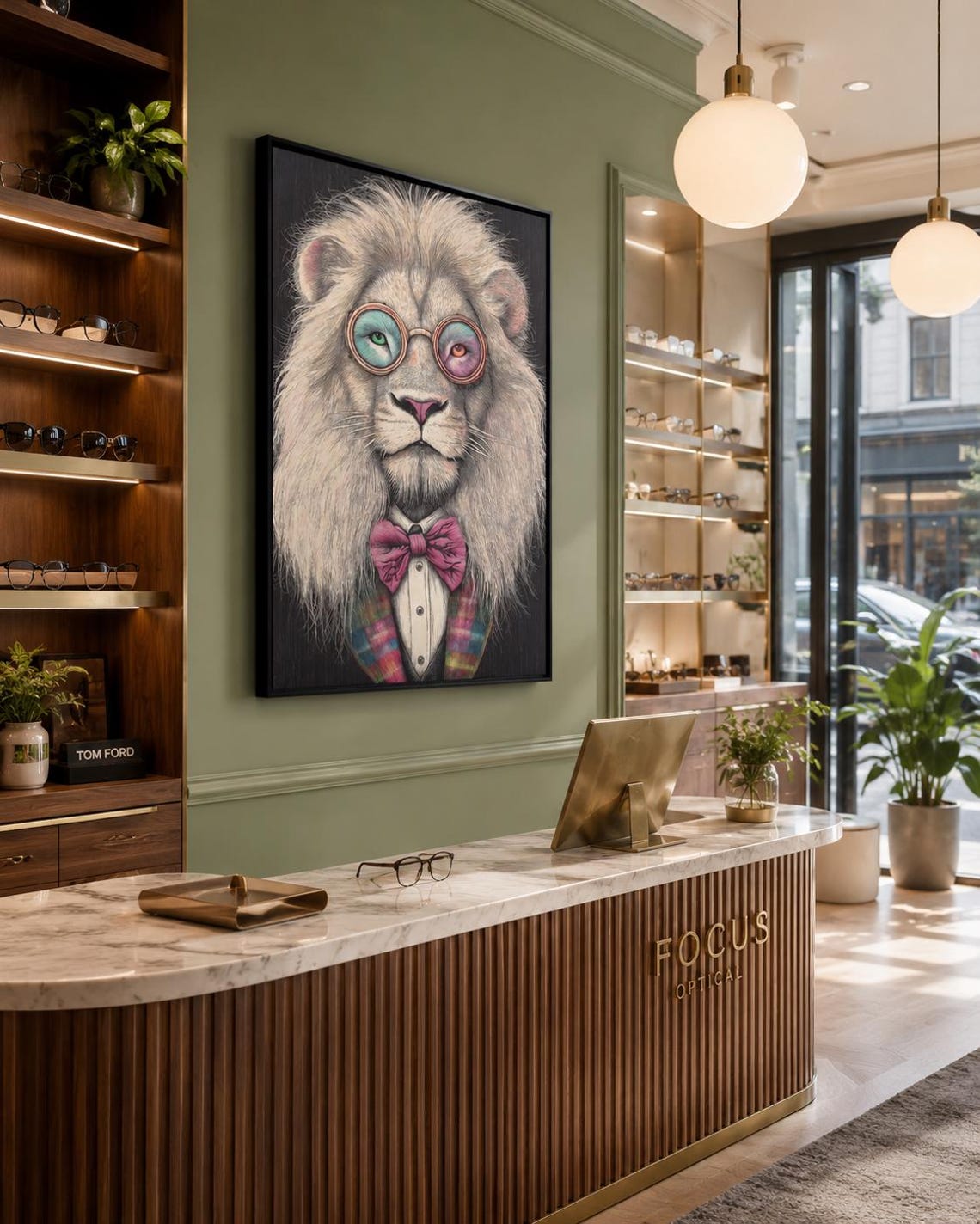Stylised lion portrait with round glasses and a pink bow tie detail view