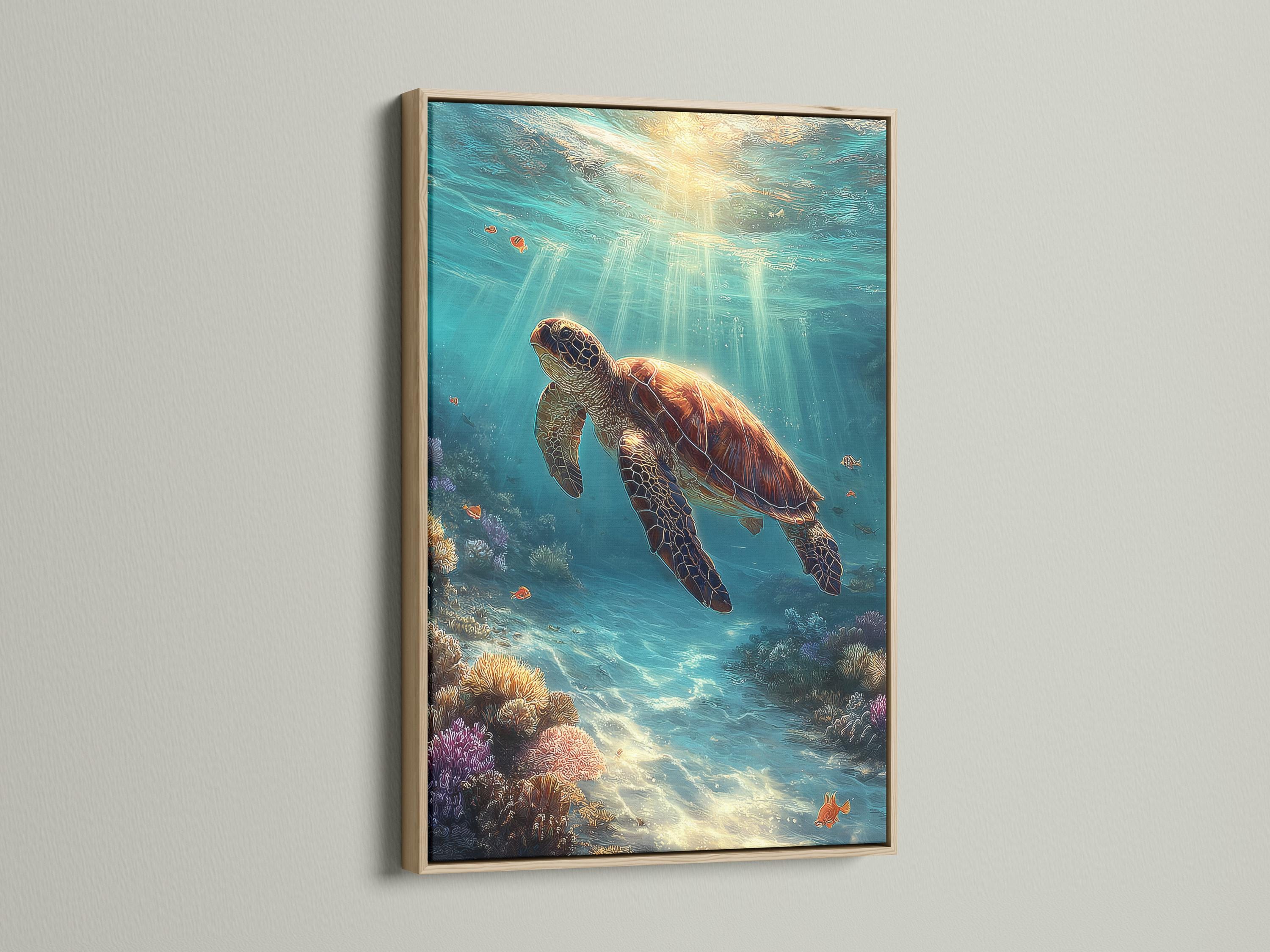 Underwater ocean scene with a swimming sea turtle and coral reef below detail view