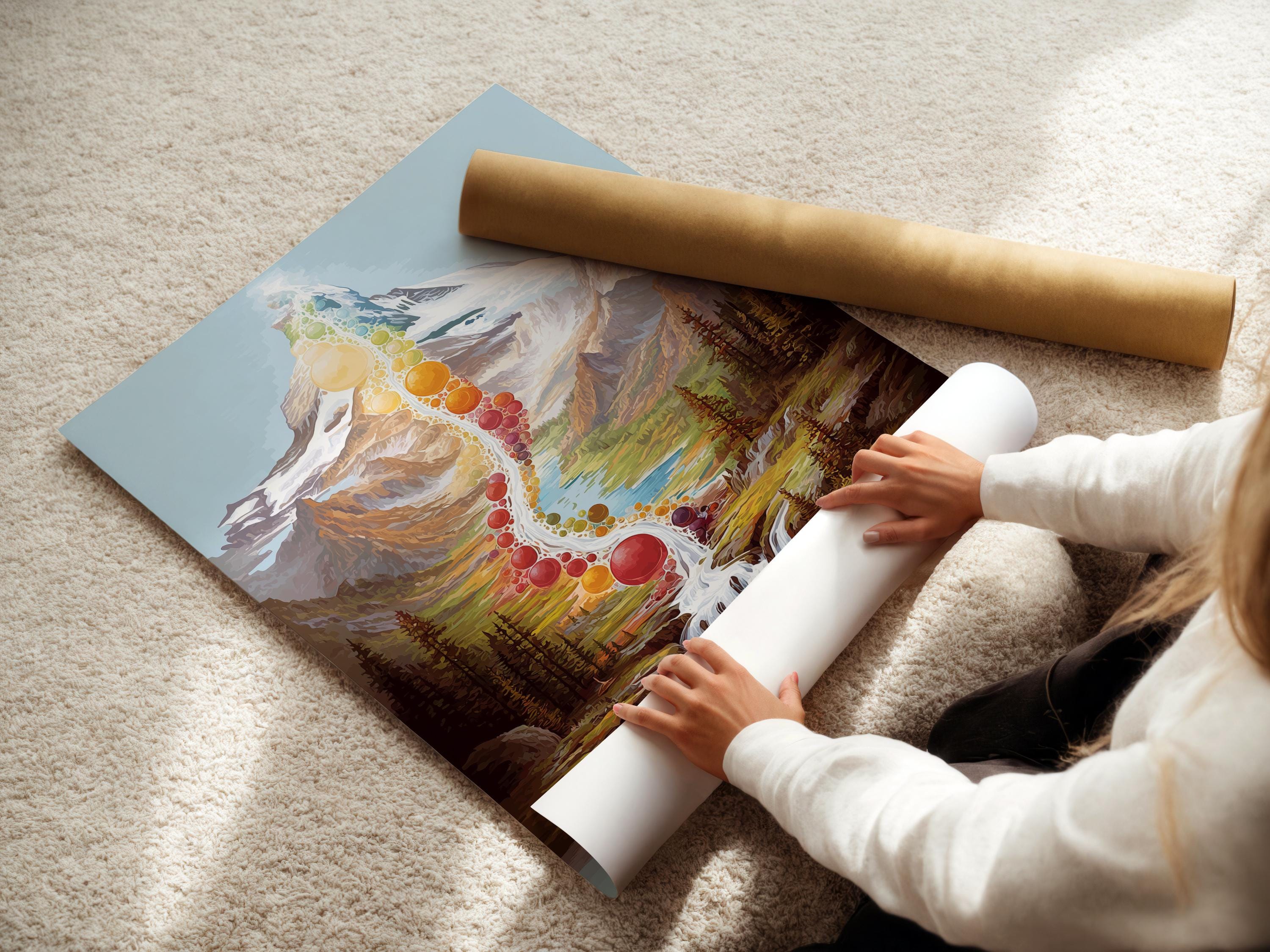 Room mockup showing a framed rainbow mountain waterfall artwork on a wall