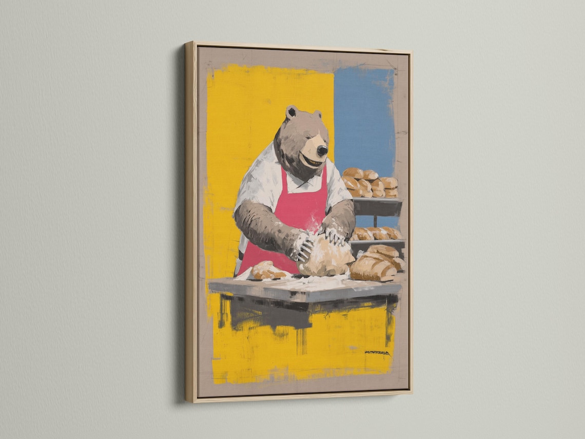 Bear chef artwork shown framed on a wall with alternate frame styles nearby