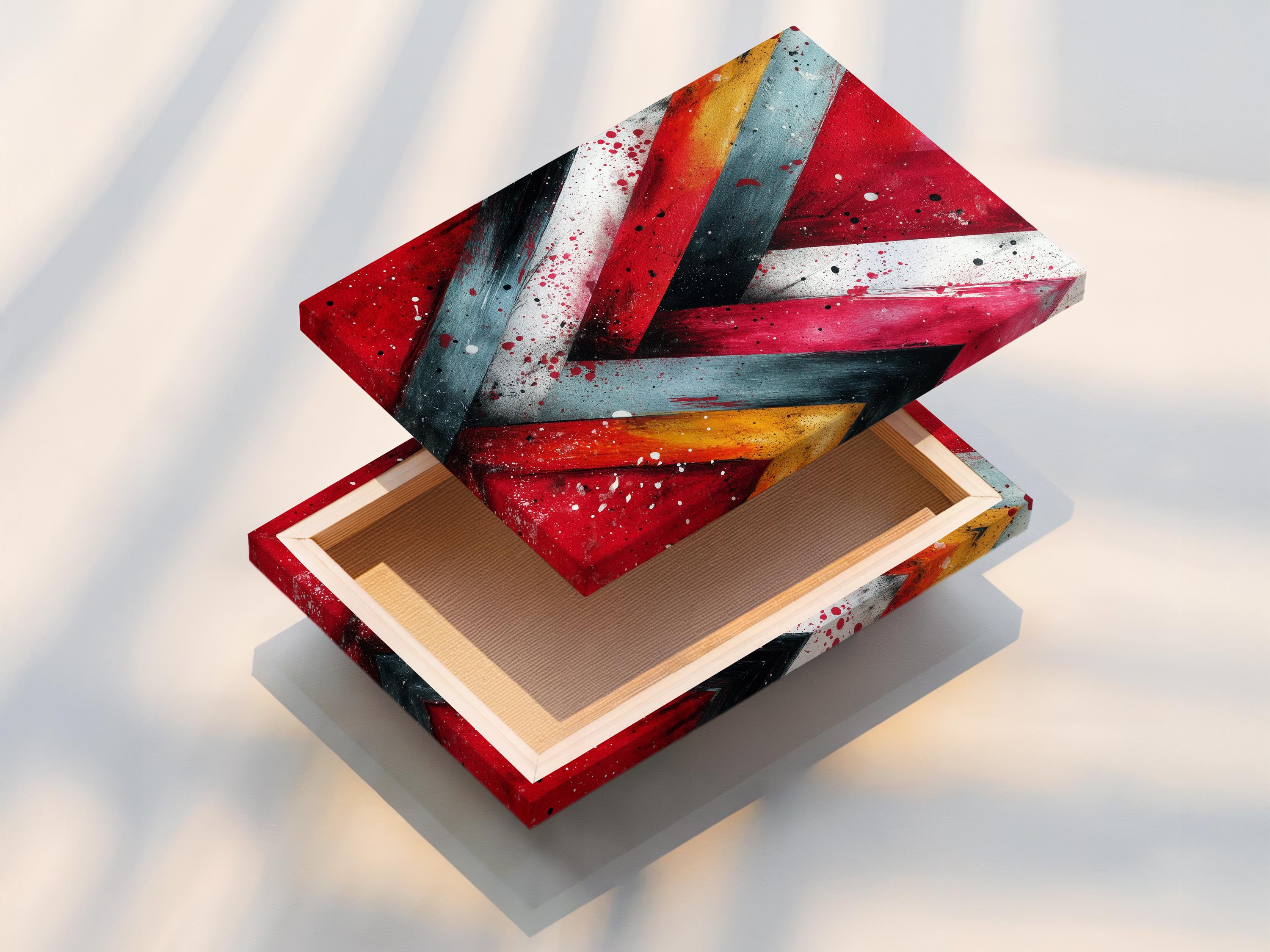 Abstract chevron V shape in red, teal and warm yellow with speckled dots detail view