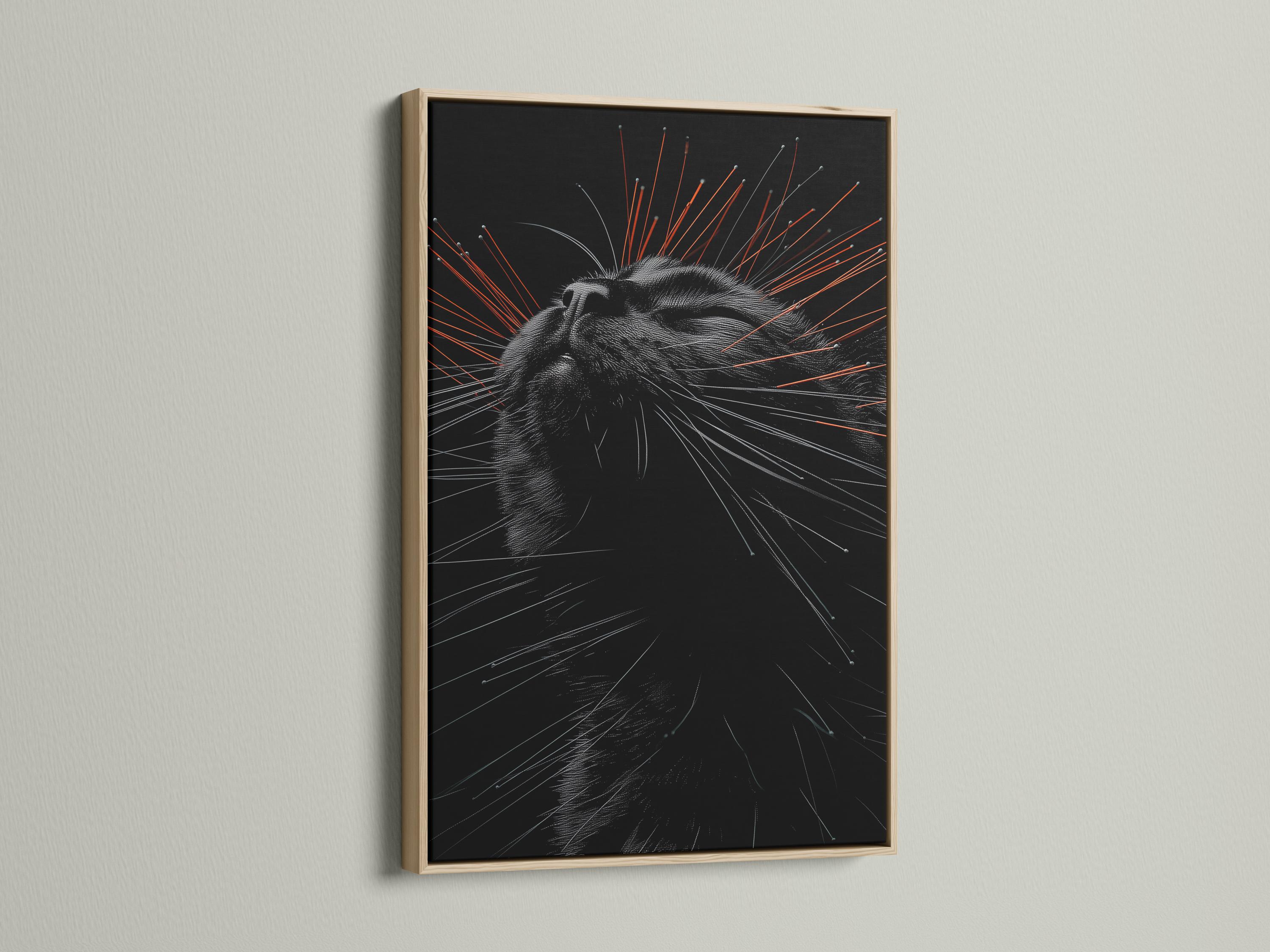 Stylised black cat portrait with radiating grey lines and orange streak accents detail view