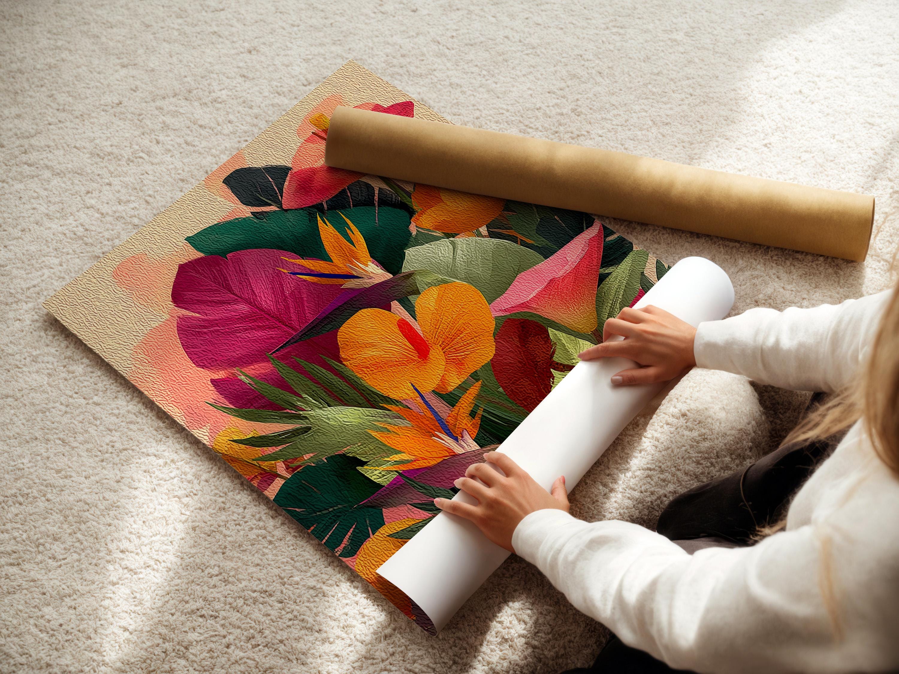Tropical floral artwork mockup displayed on a wall with framed options shown
