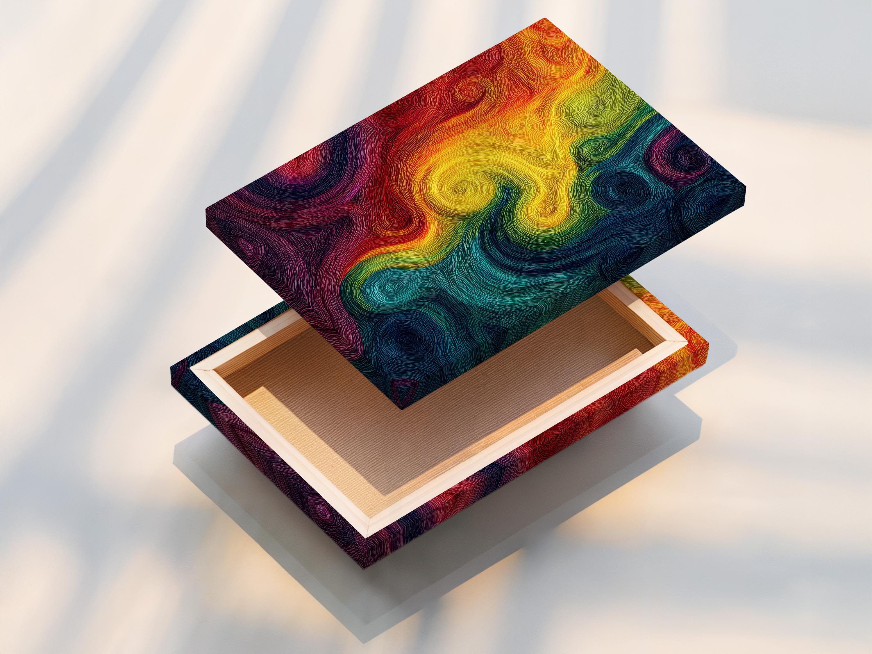 Rainbow abstract artwork with concentric swirling line patterns and a psychedelic spiral design detail view