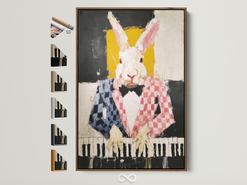 Stylised rabbit playing piano artwork with black, yellow and pink colours