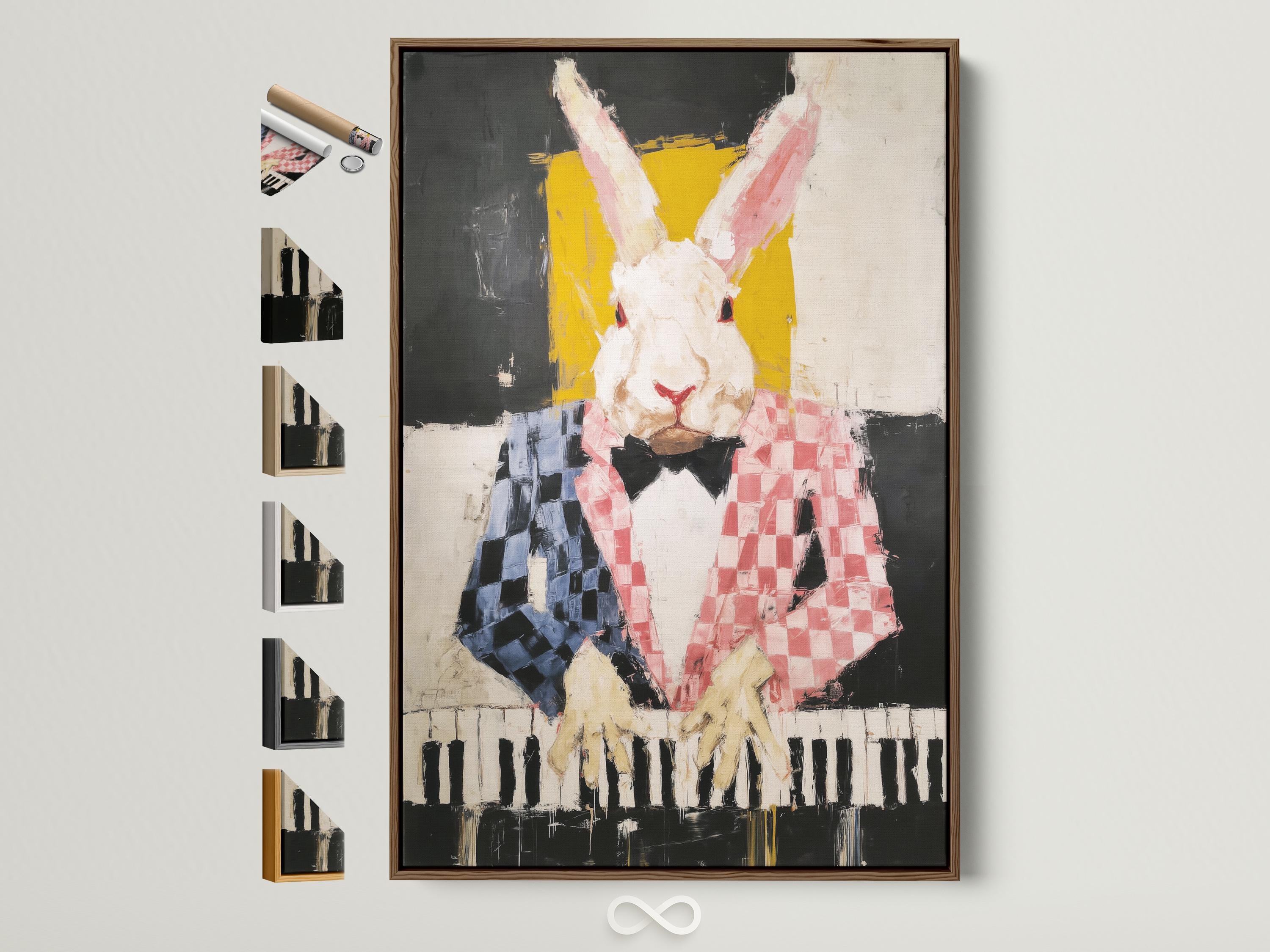 Stylised rabbit playing piano artwork with black, yellow and pink colours