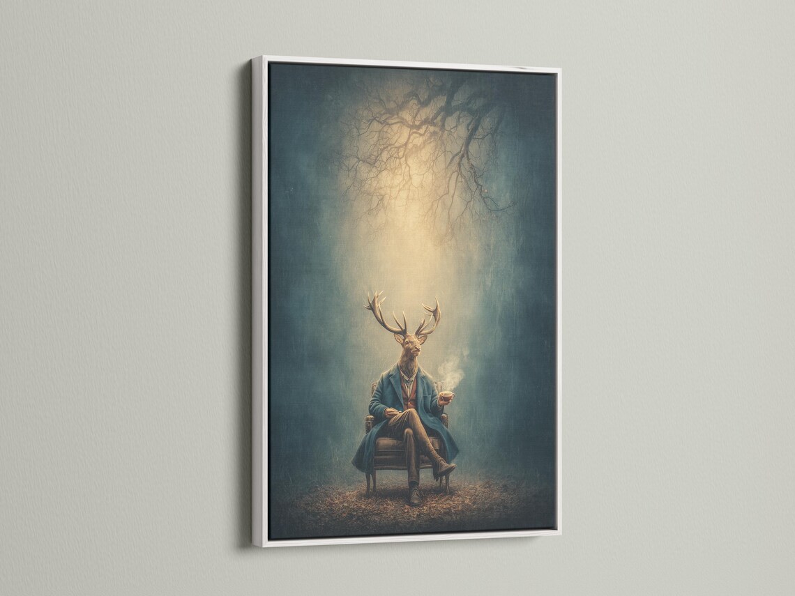 Deer-headed gentleman with antlers in a teal jacket holding a cup, painterly teal and beige portrait detail view