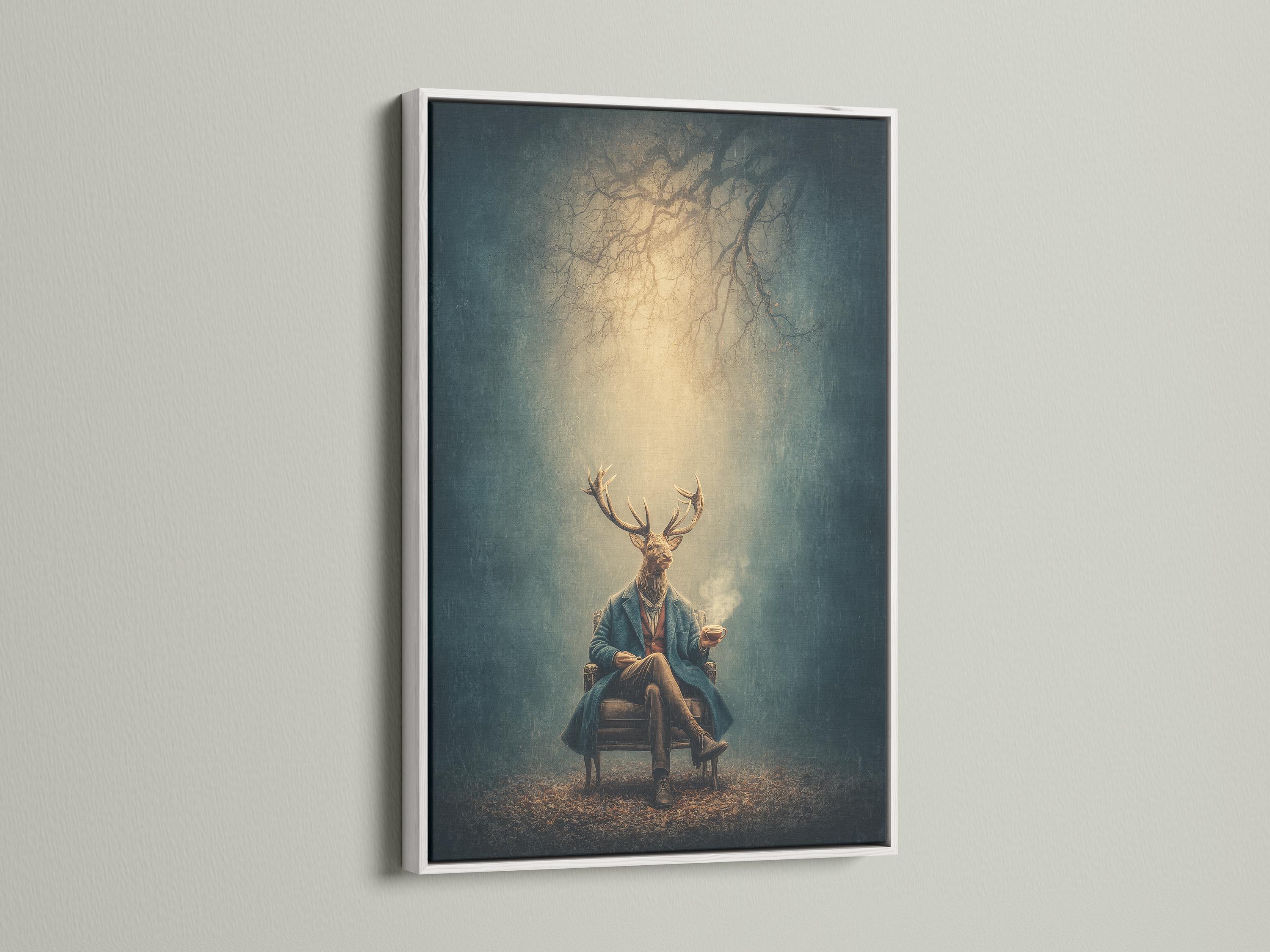 Deer-headed gentleman with antlers in a teal jacket holding a cup, painterly teal and beige portrait detail view