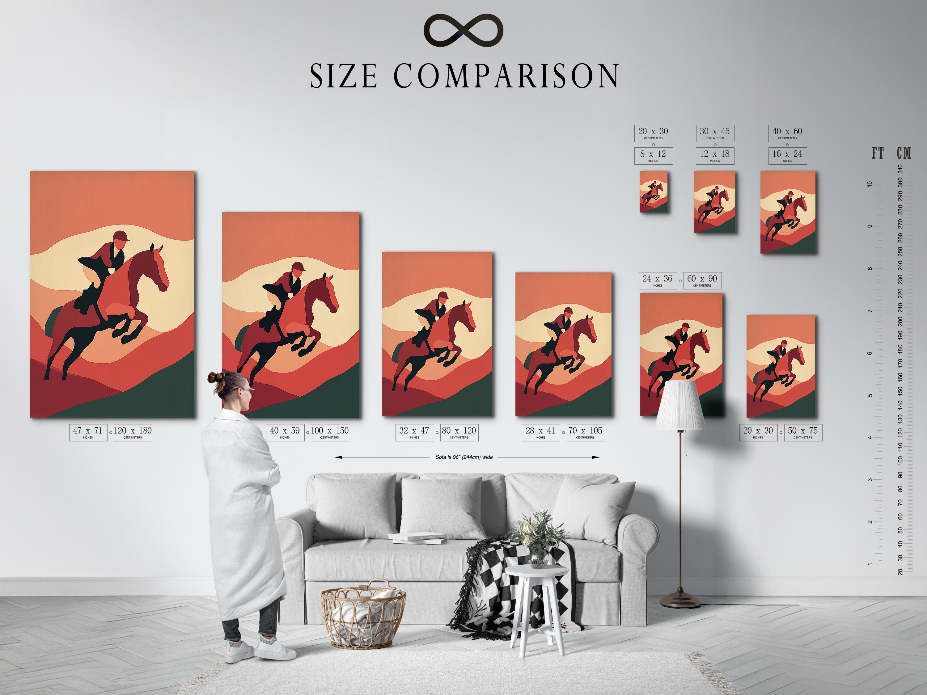 Room mockup showing framed horse and rider artwork in terracotta tones
