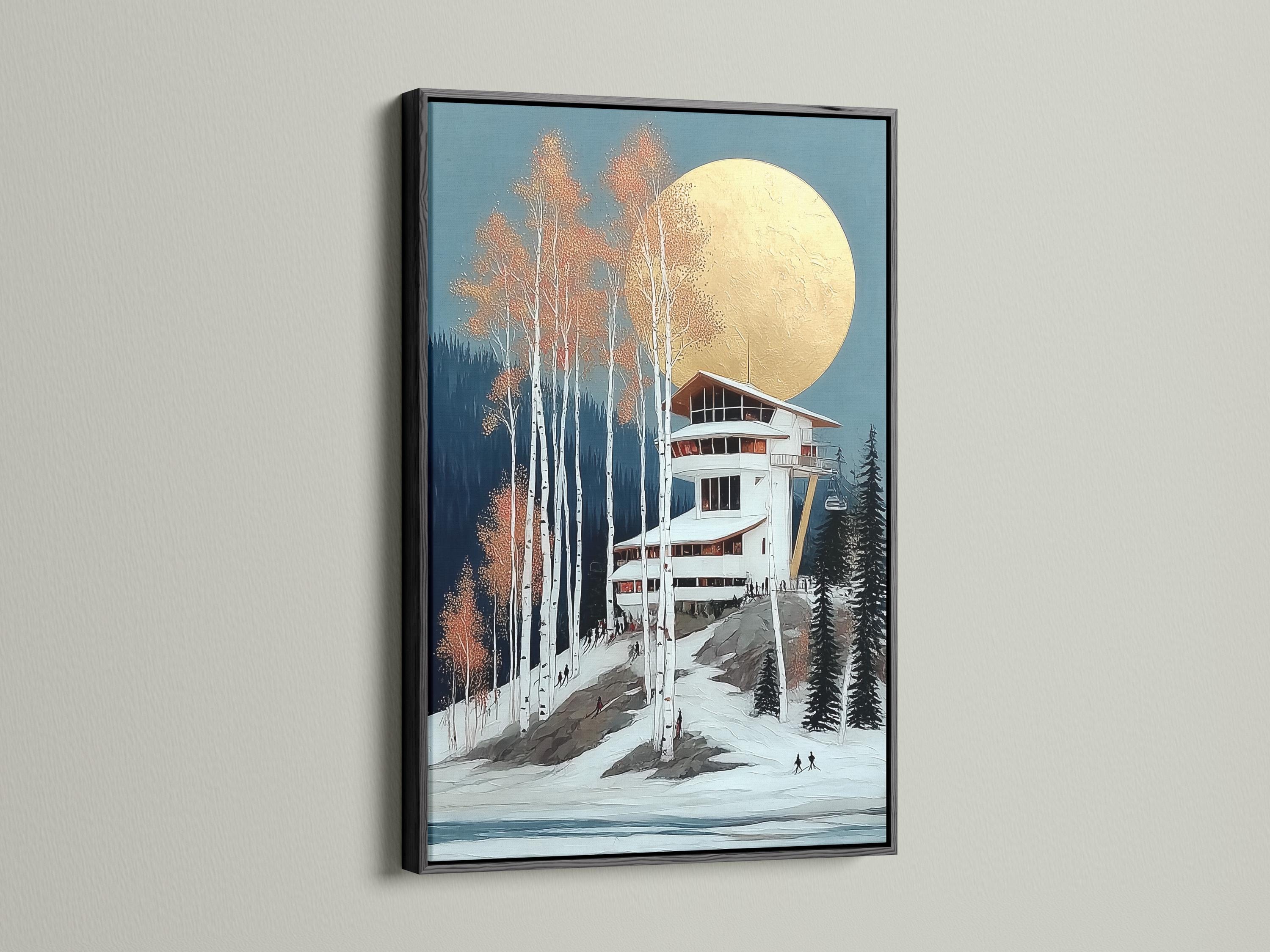 Winter ski lodge scene with a gold moon, snowy trees and a cabin detail view
