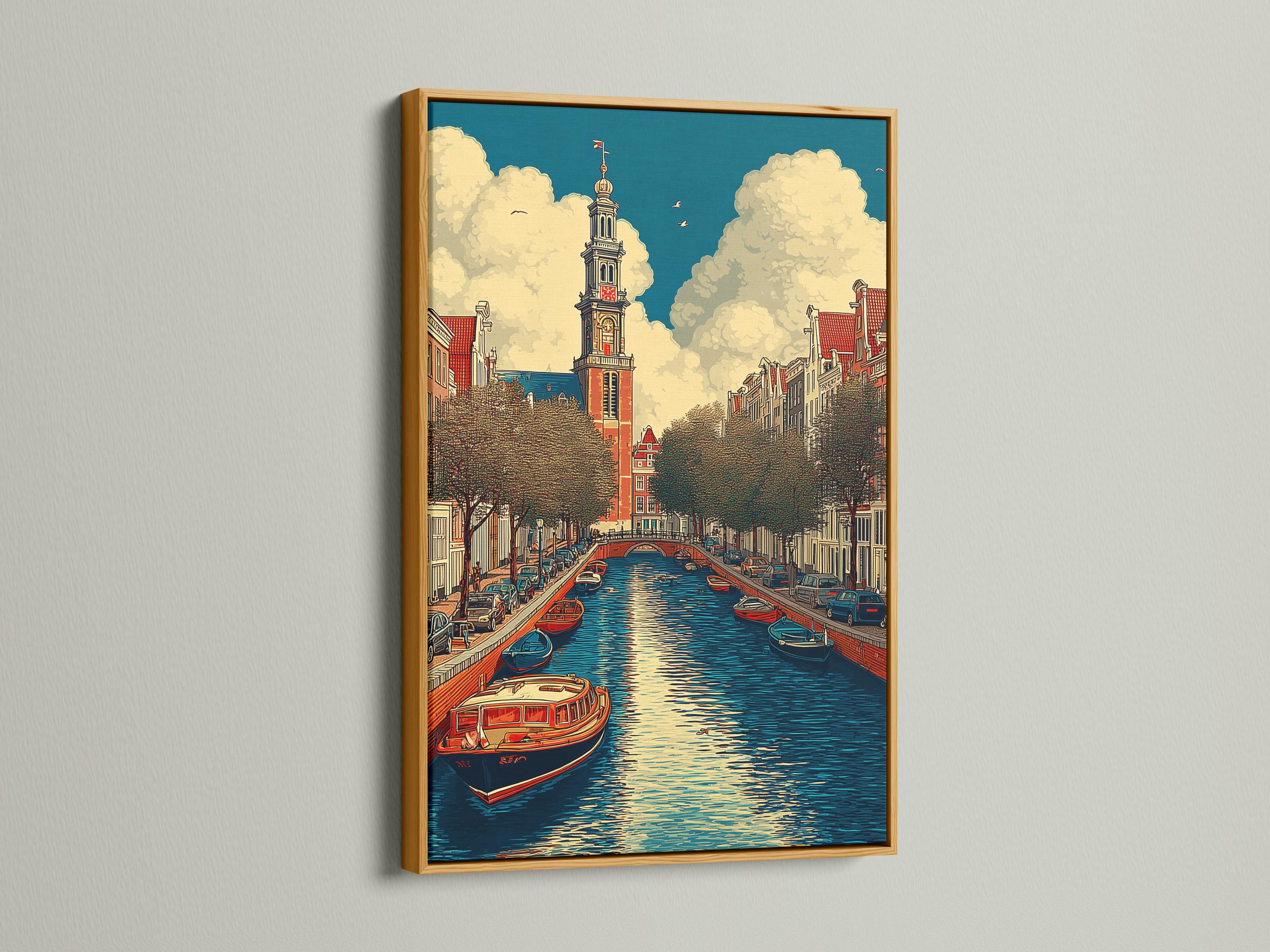 Stylised canal cityscape with boats, red-roofed buildings and a central tower under clouds detail view