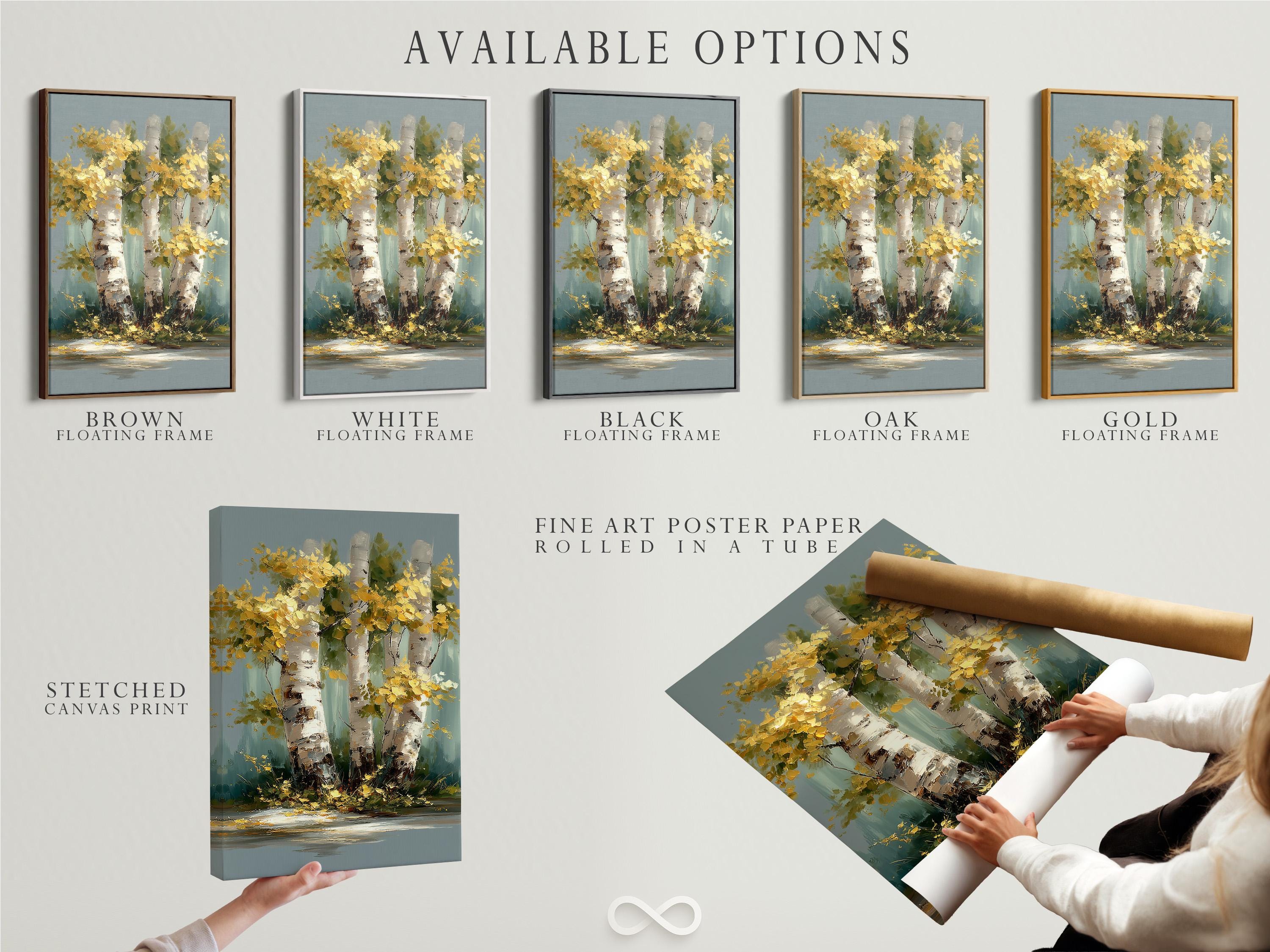 Autumn birch forest painting with golden leaves and white tree trunks on a blue-green background detail view