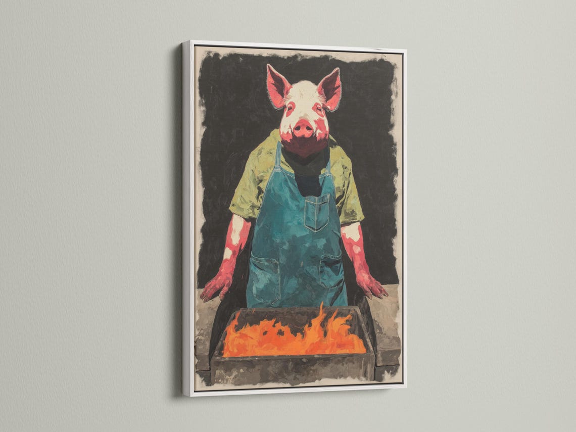 Pig chef illustration with a teal apron behind a grill, flames in front detail view
