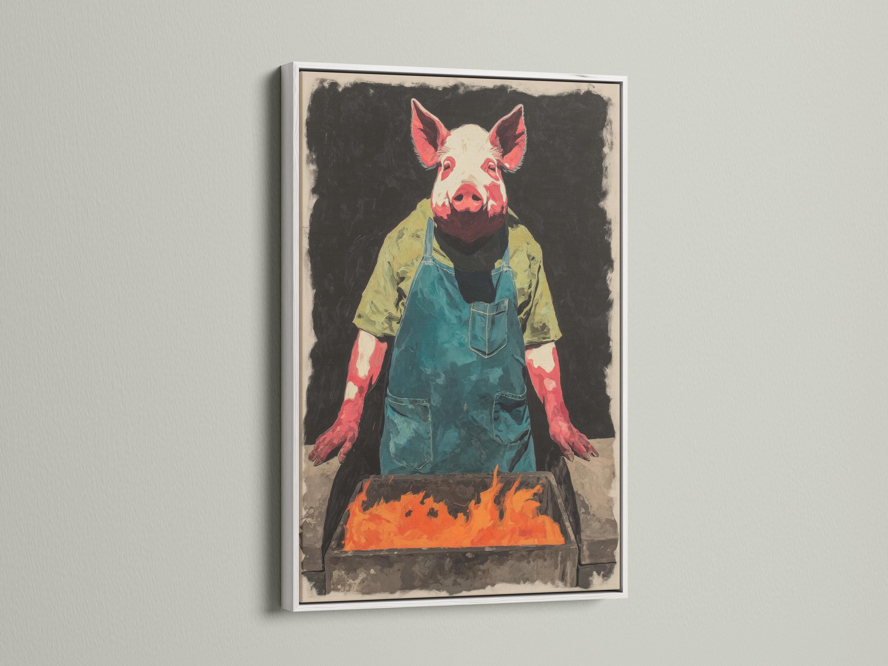 Pig chef illustration with a teal apron behind a grill, flames in front detail view