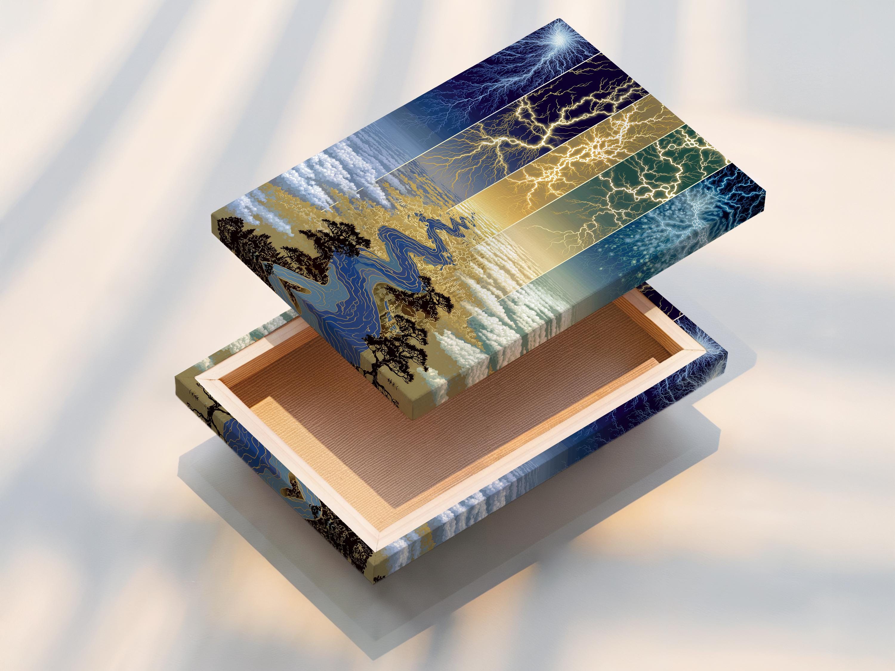 Blue and gold lightning river landscape with branching lightning bolts detail view