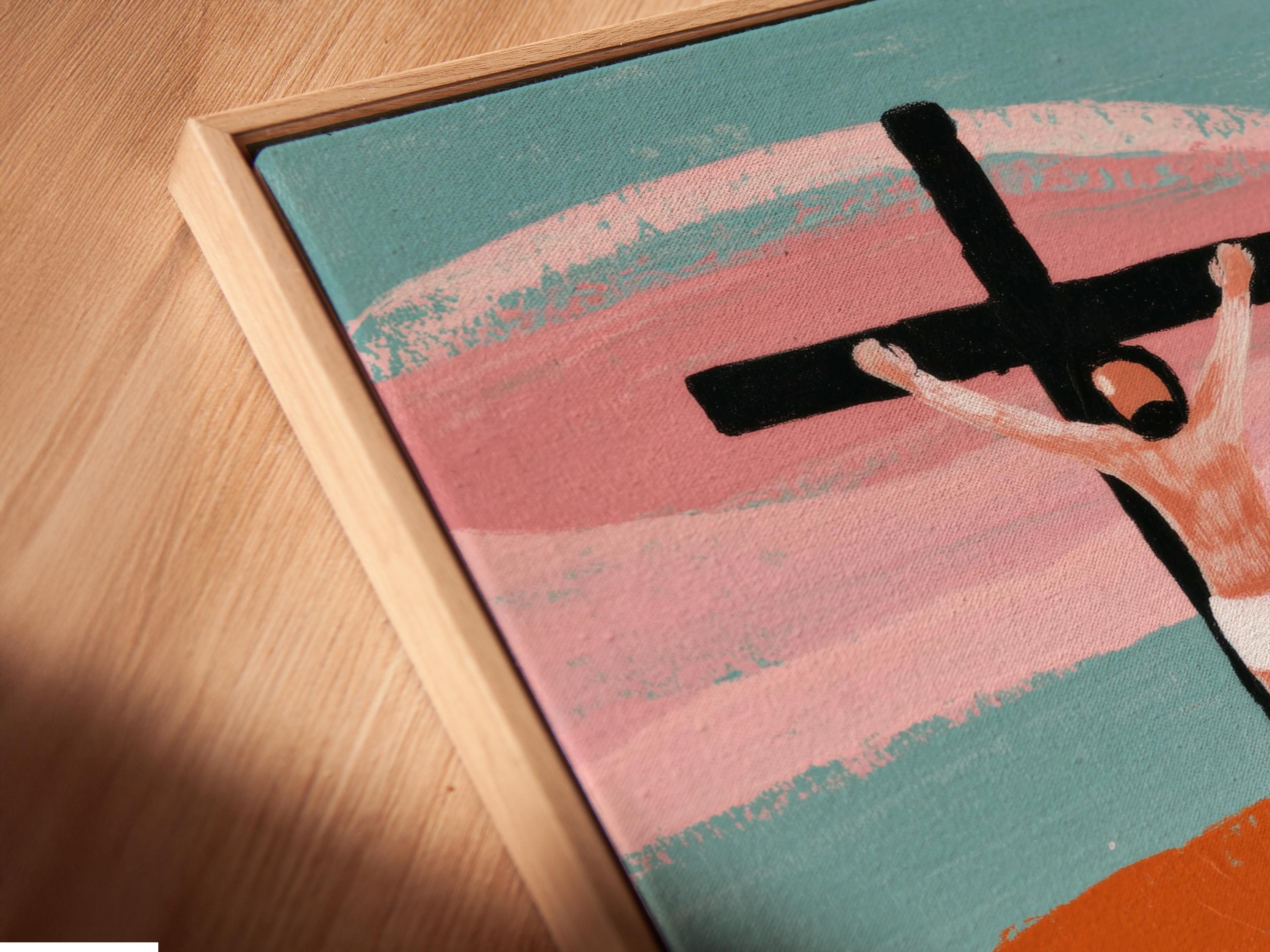 Stylised cross with outstretched figure above layered hills in dusty pink, teal and green detail view
