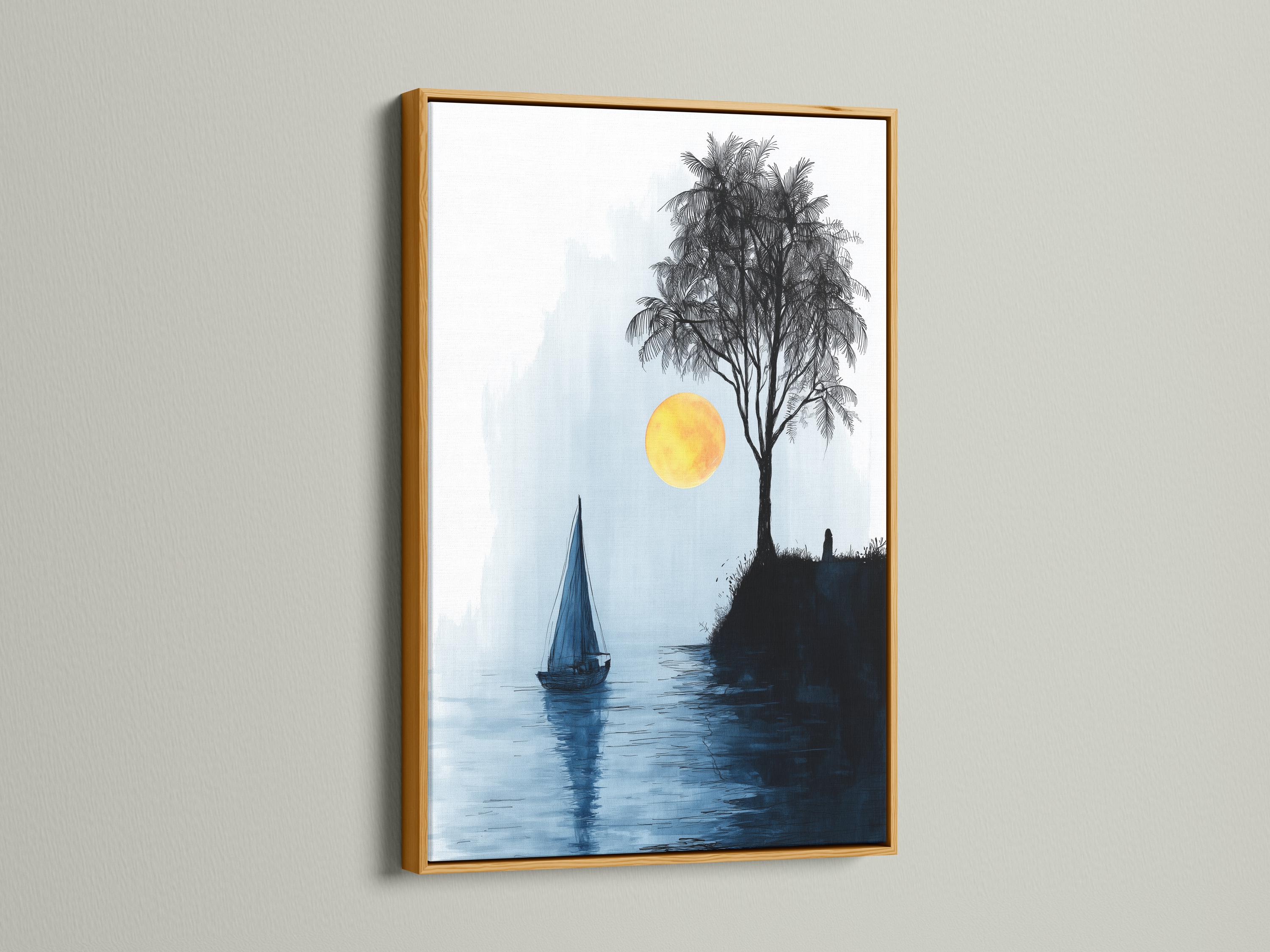 Minimalist seascape with a sailboat on blue water, a palm tree silhouette and a glowing yellow sun detail view