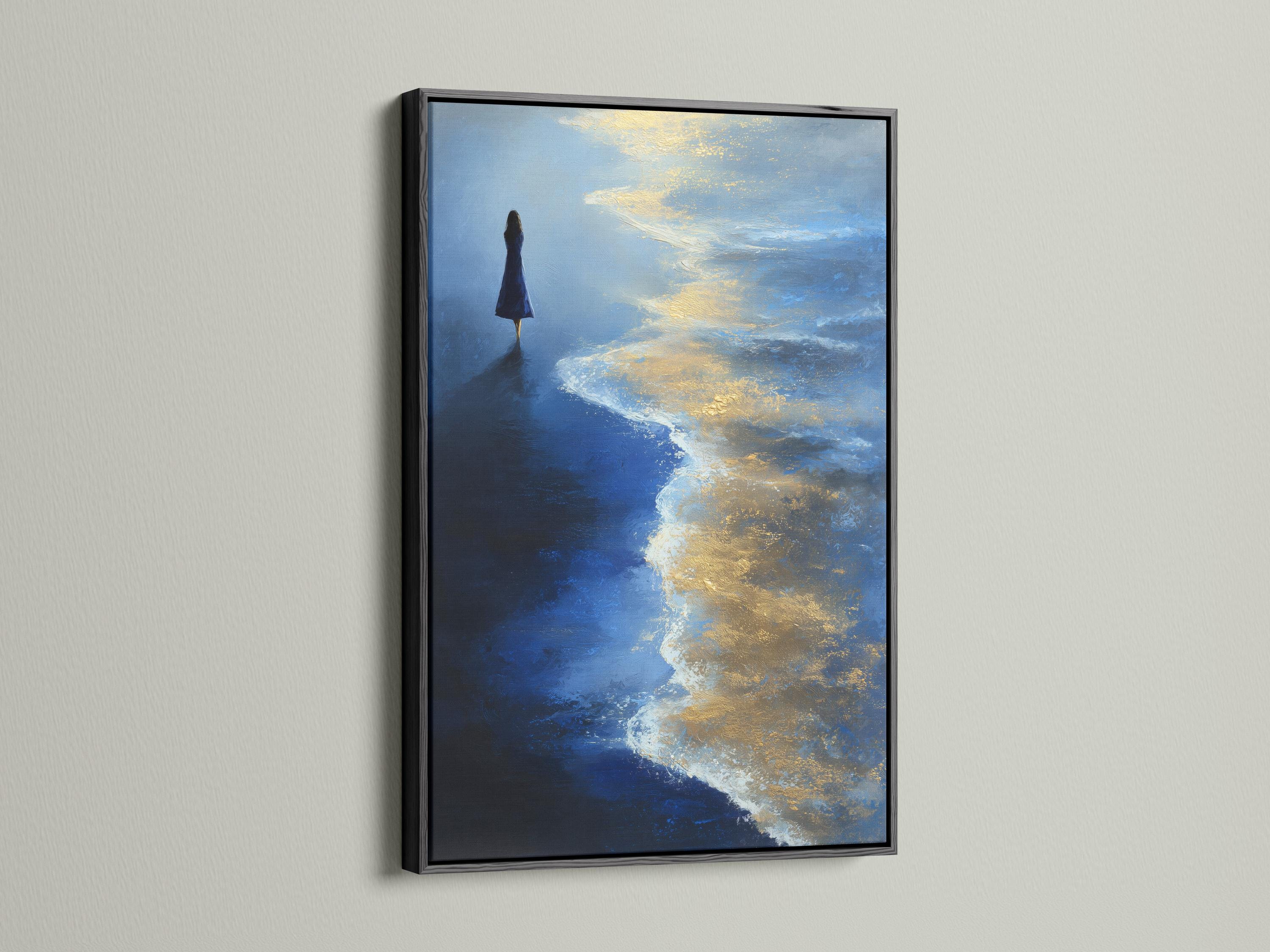 Painterly seascape with a lone silhouette standing in a blue ocean under glowing gold and ivory clouds detail view