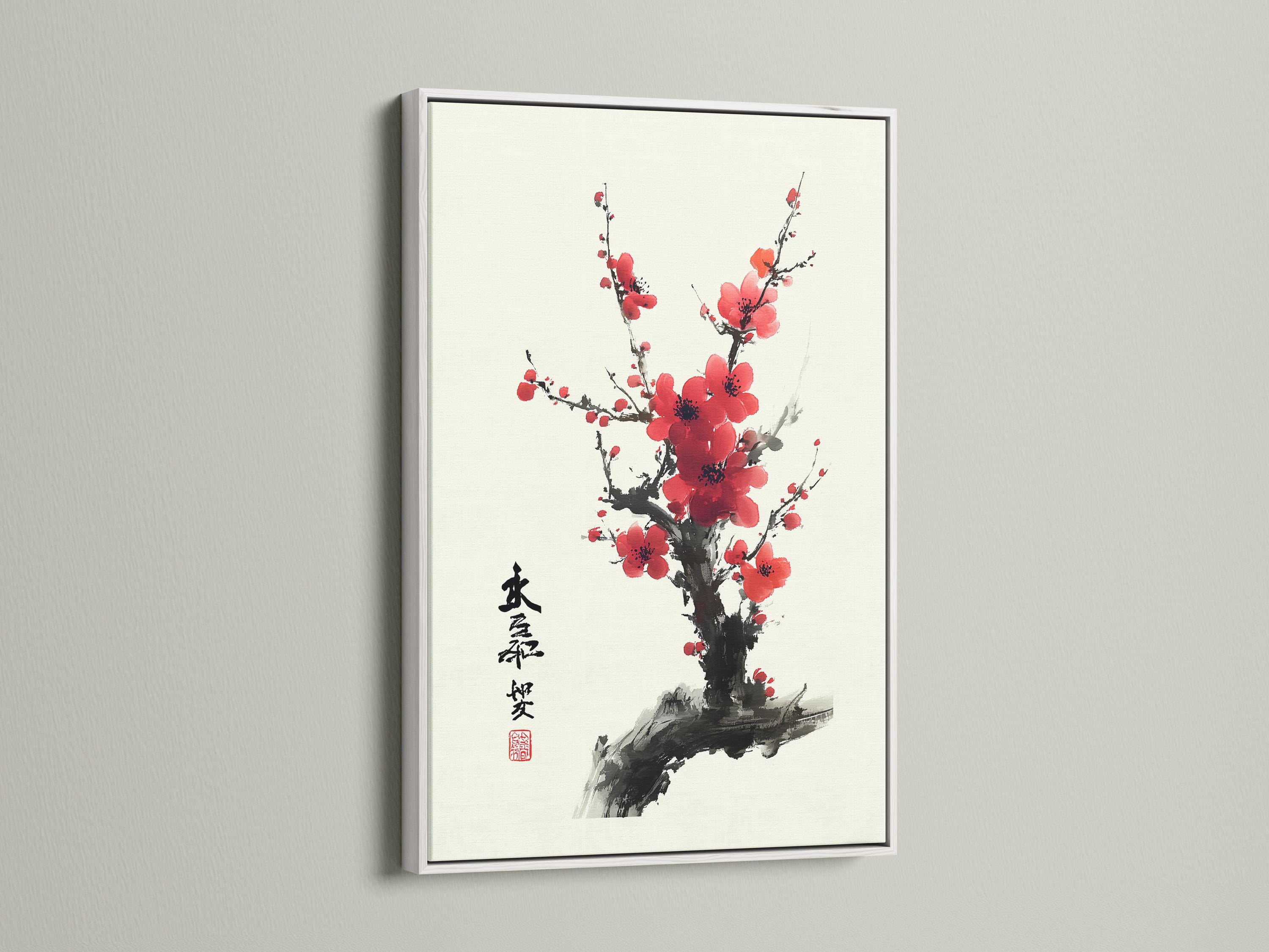 Red plum blossom flowers on dark ink branches with vertical calligraphy and a red seal stamp detail view