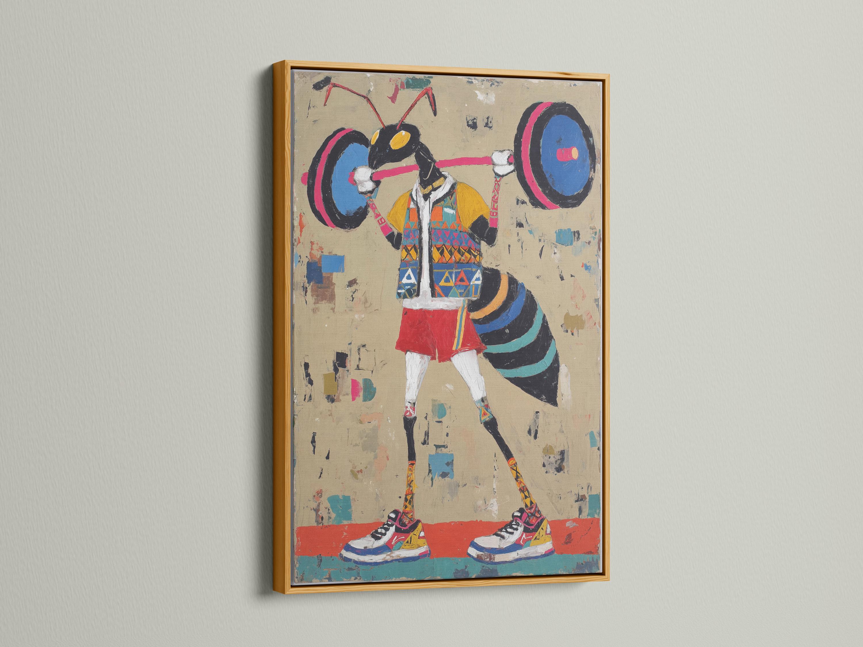 Stylised weightlifter lifting a barbell with large weight plates on a beige paint-splattered background detail view