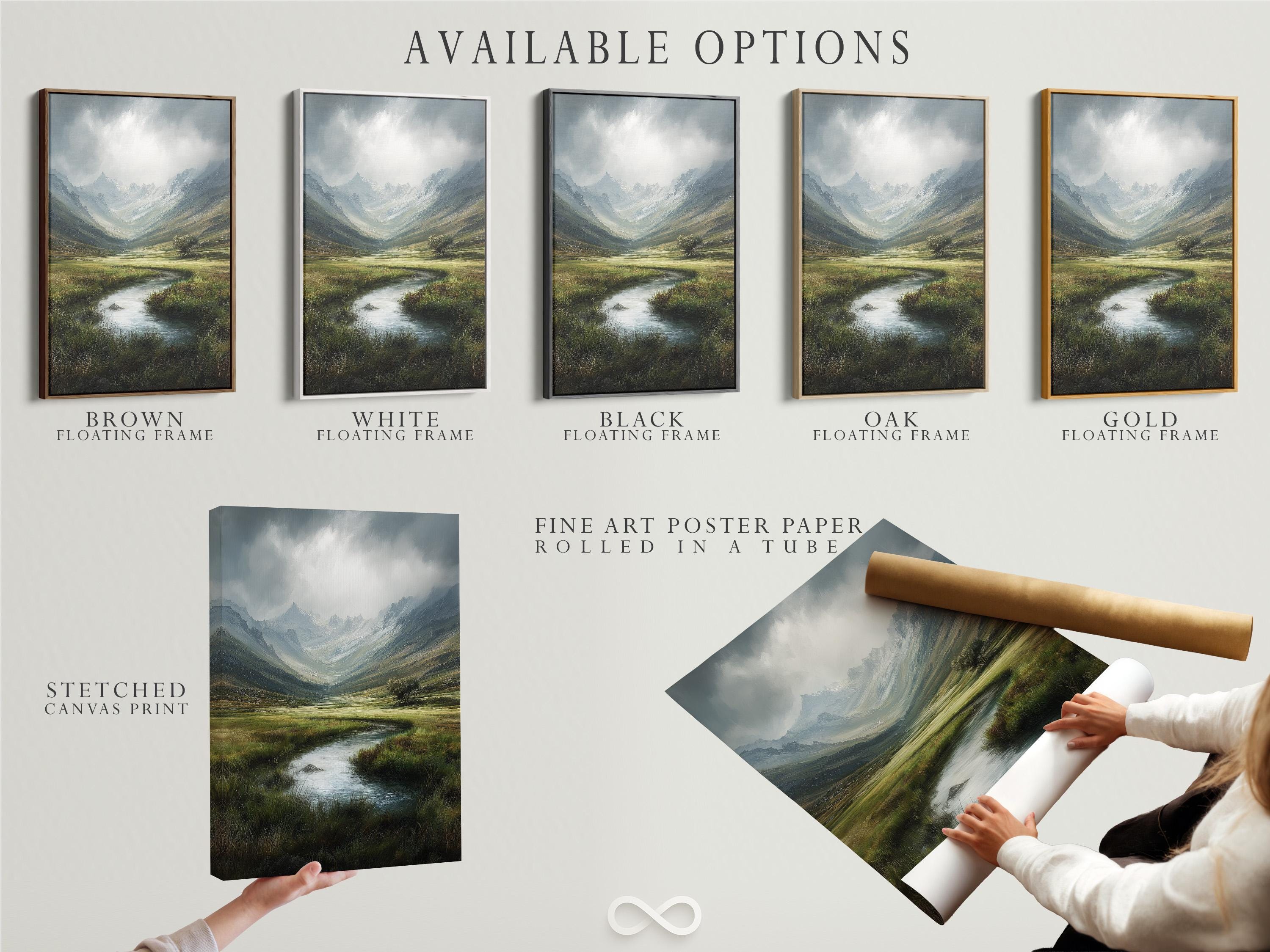 Room mockup showing framed mountain valley landscape artwork