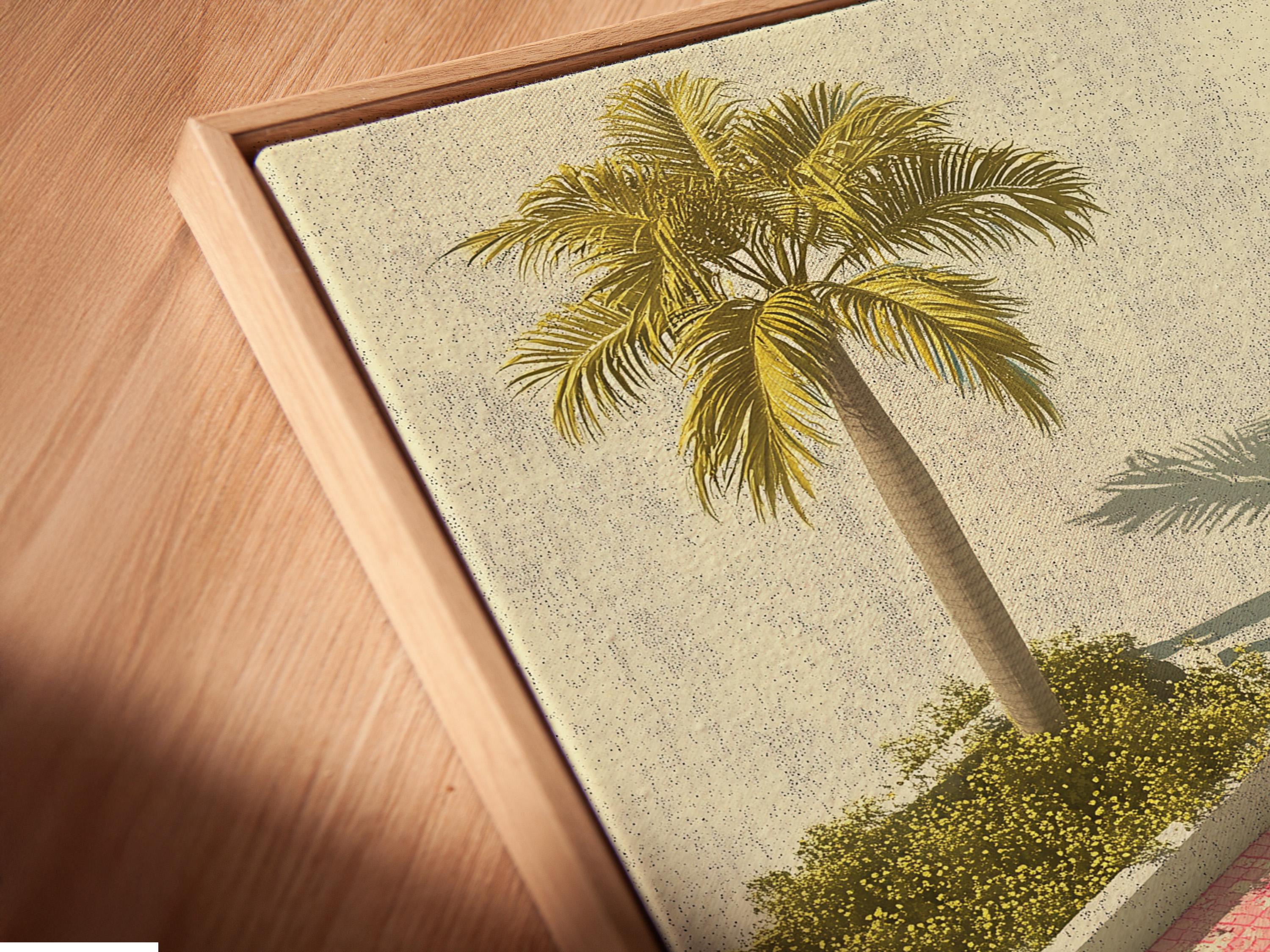 Retro poolside illustration with a tall palm tree, turquoise water, pink tiles, and a person relaxing on a float detail view