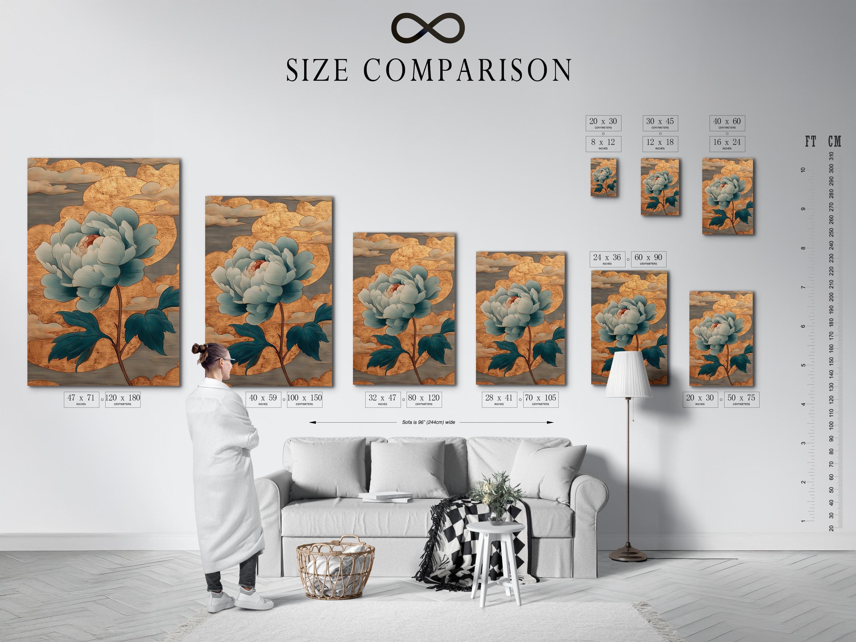 Teal and gold floral artwork with layered petals and leaves on a textured gold background detail view