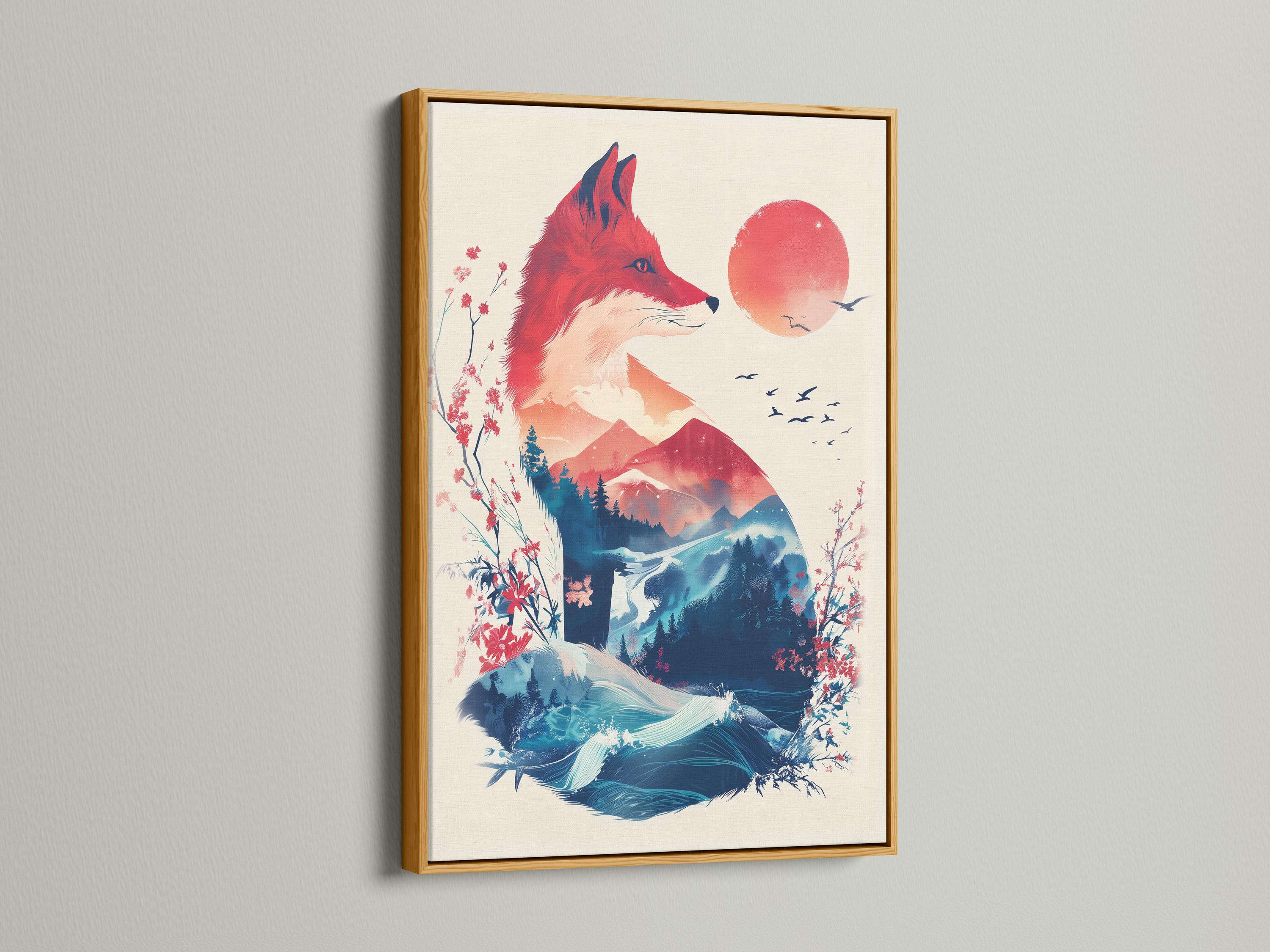 A stylised red fox faces right above layered blue mountains, with pink blossoms, a large orange sun and small birds in flight detail view