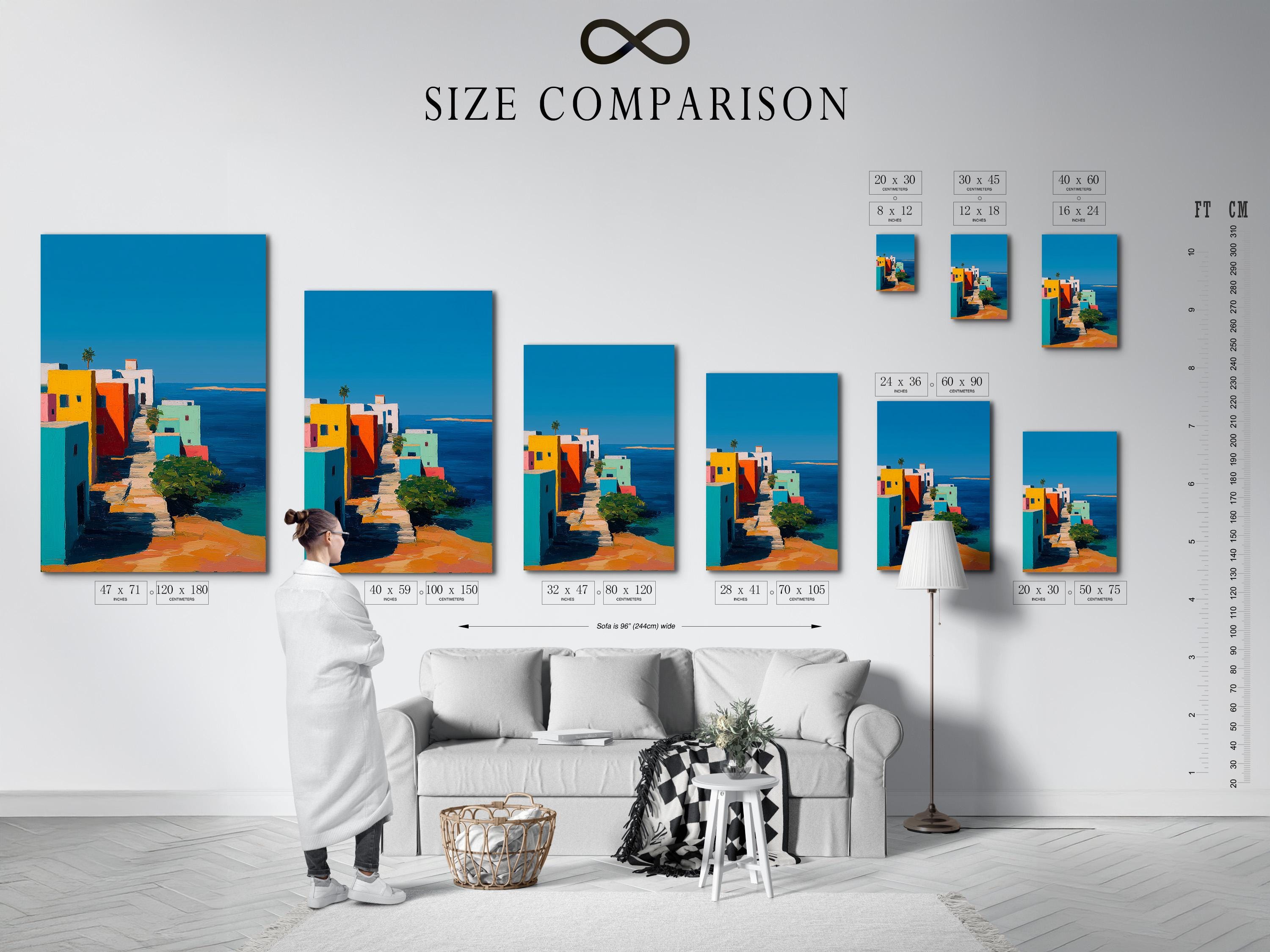 Wall mockup showing a framed coastal village artwork with colourful buildings and blue sky
