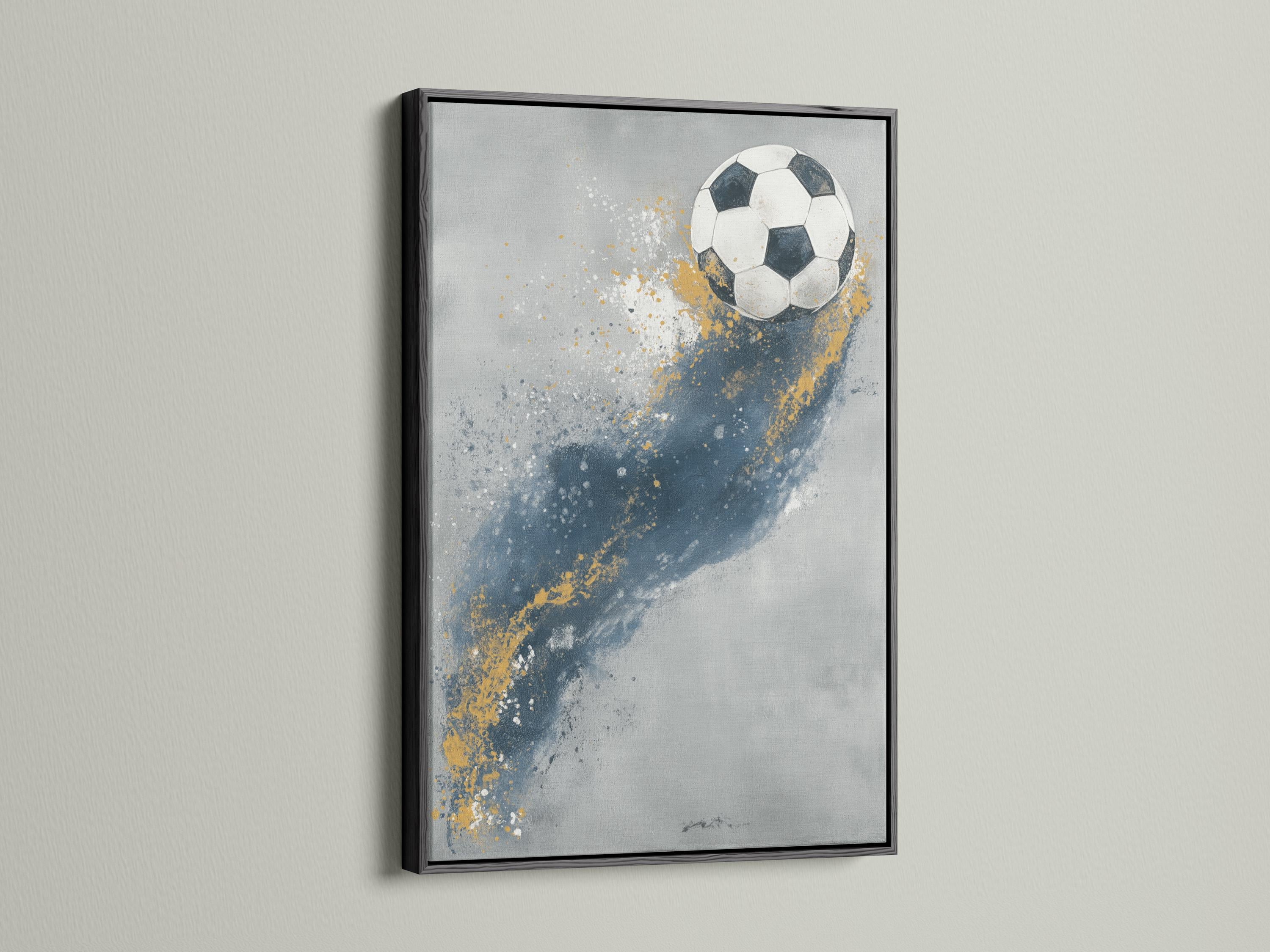 A stylised soccer ball sits on a textured, grey-blue background with scattered white speckles and warm gold paint-like splashes detail view