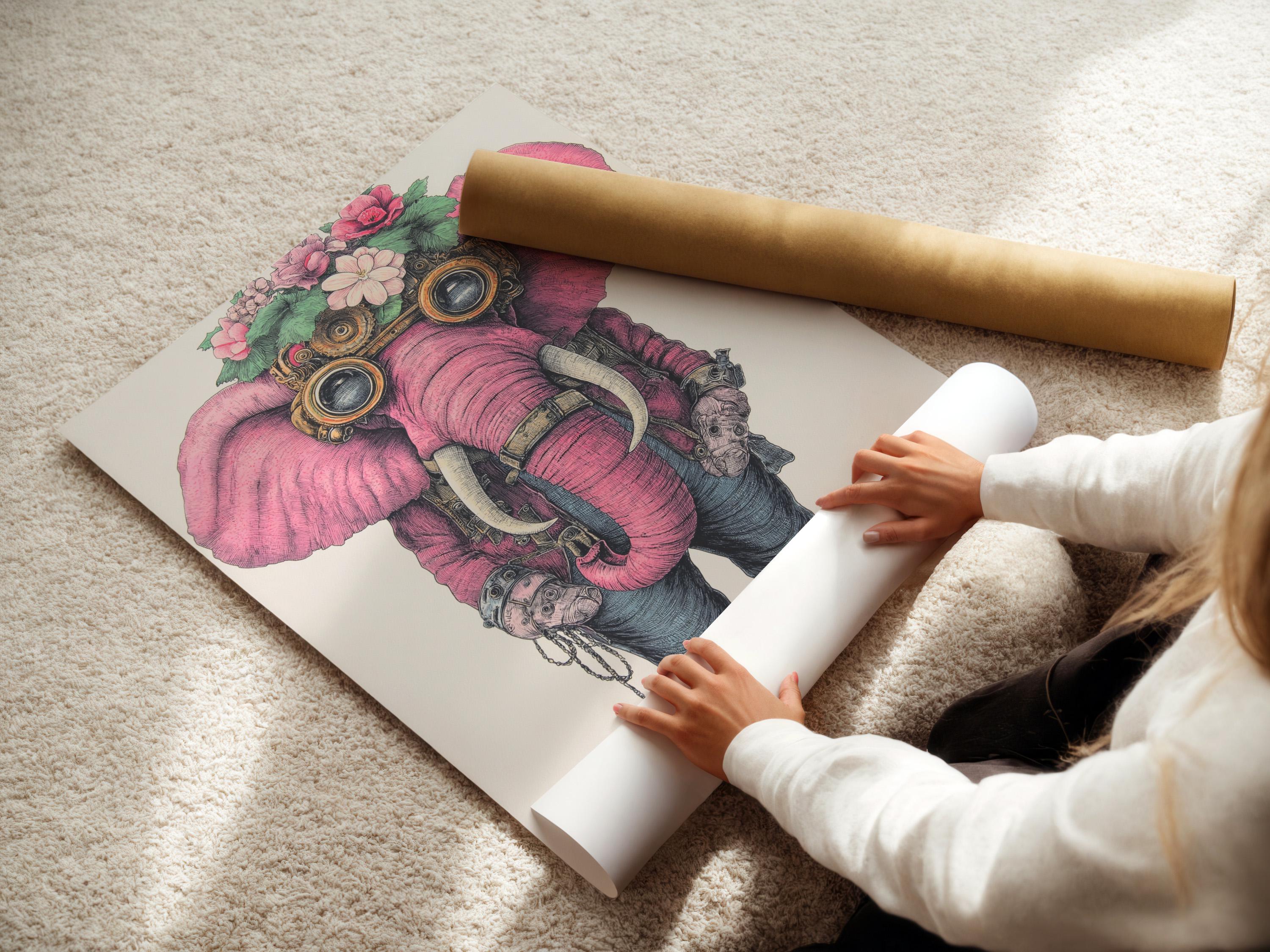 Wall art mockup showing a framed pink elephant illustration with steampunk goggles