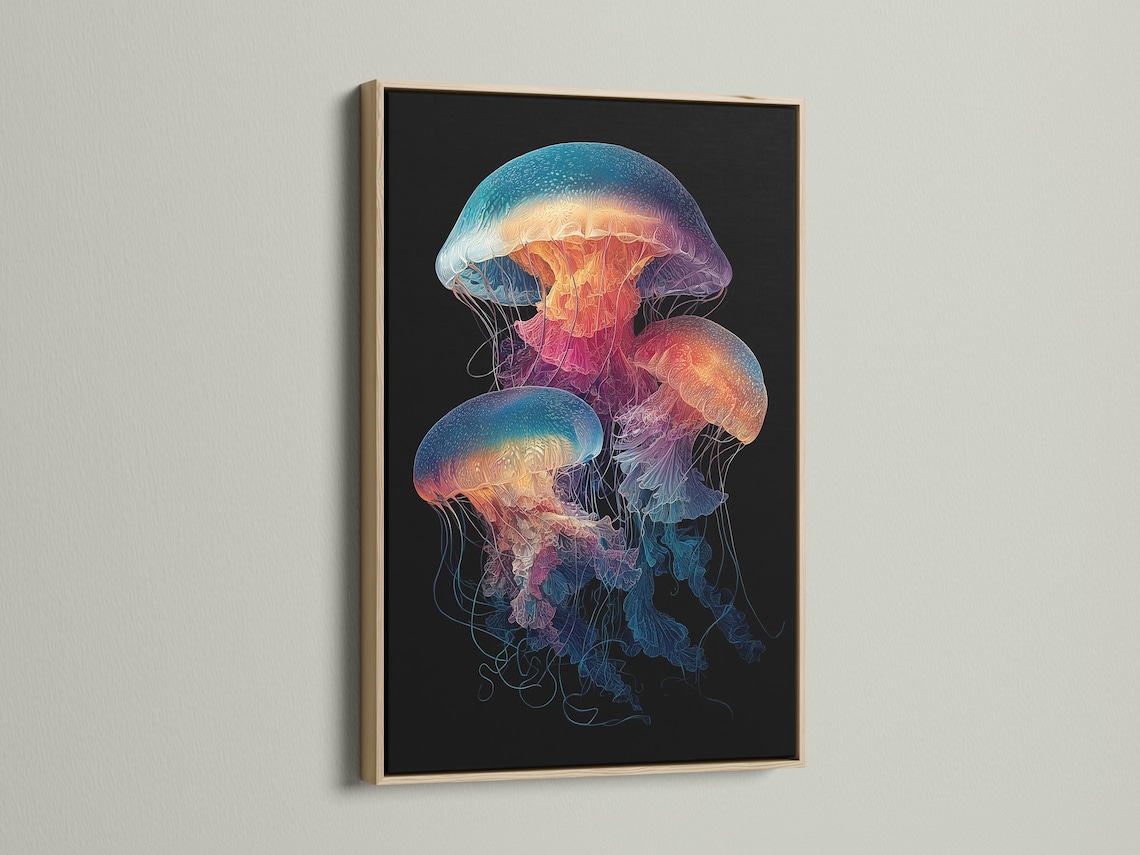 Illustration of a jellyfish with glowing teal, purple and orange colours on a dark background detail view