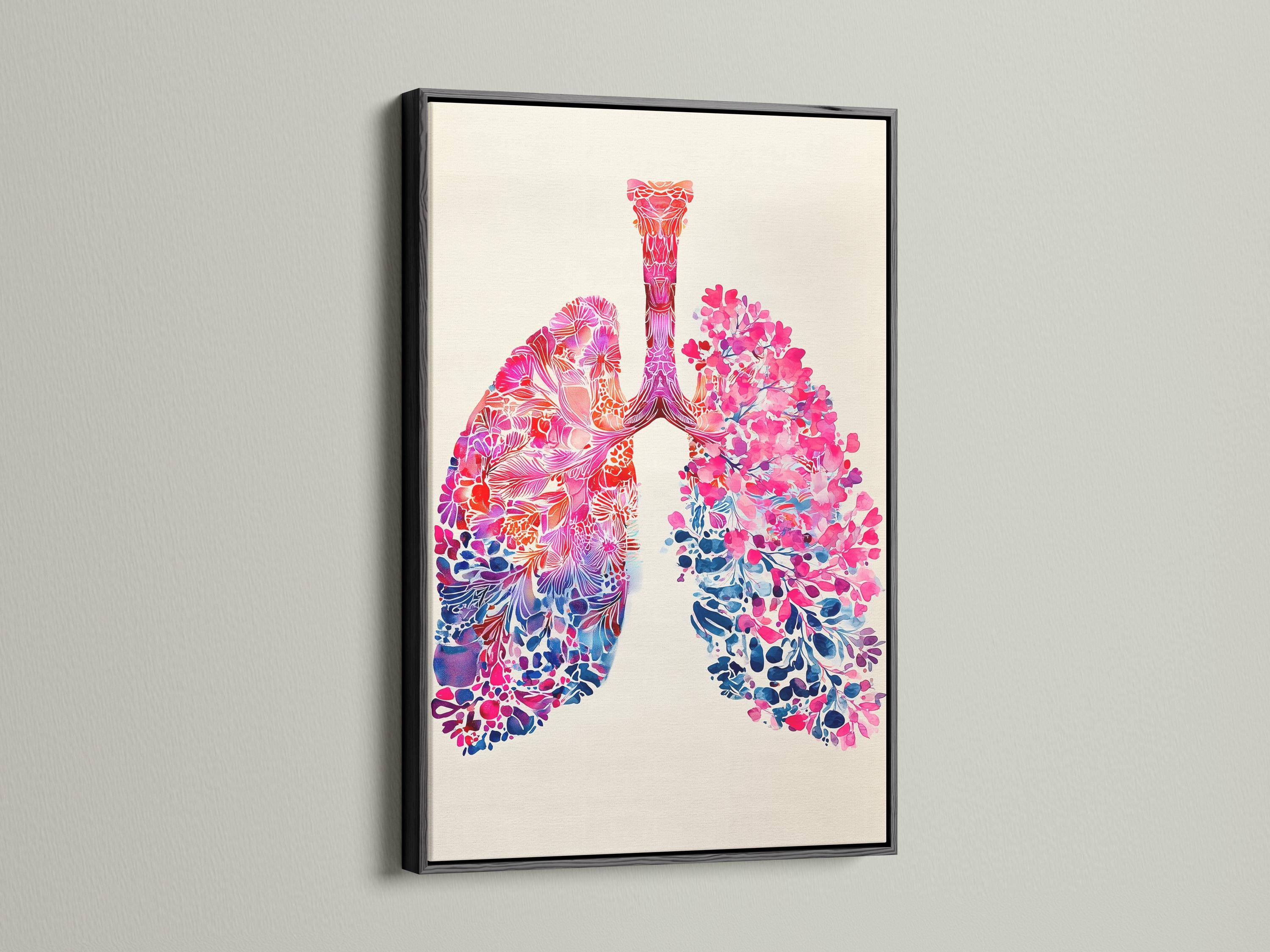 Room mockup showing a framed floral lungs artwork with pink and blue anatomy details