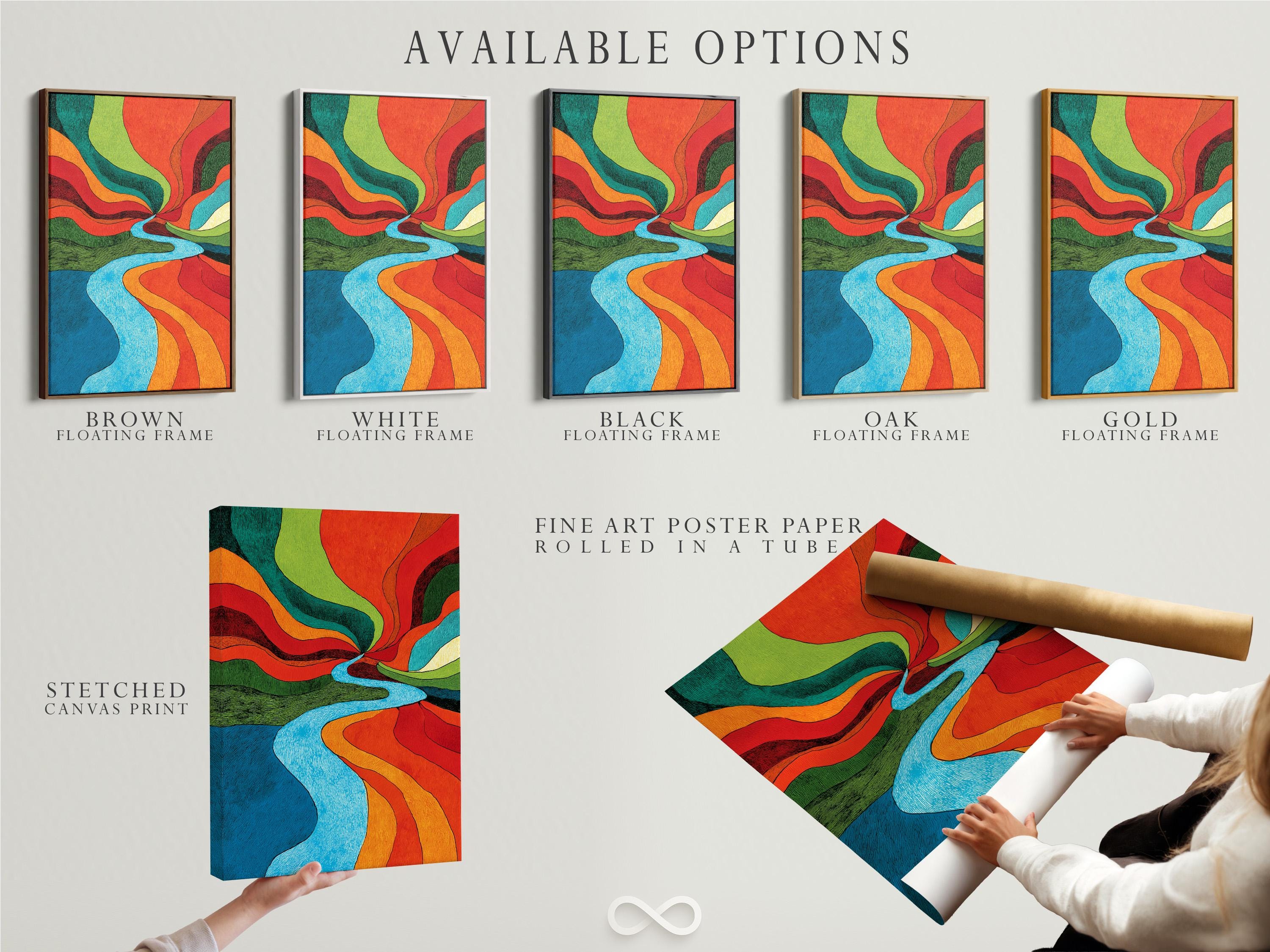 Retro abstract river artwork with bright blue water and vivid red, orange, green and teal bands detail view