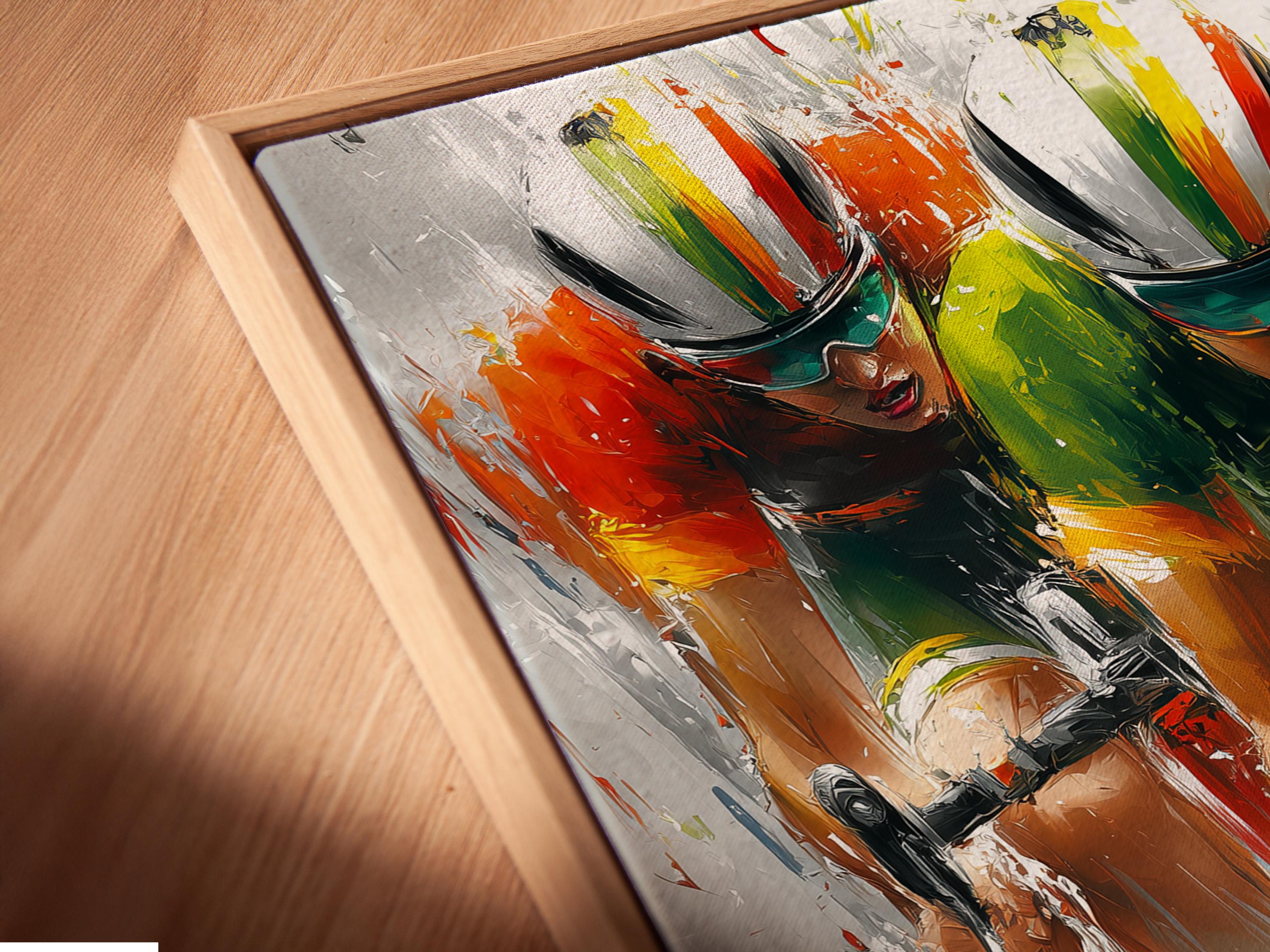 Cycling artwork mockup showing a framed print with two cyclists racing diagonally