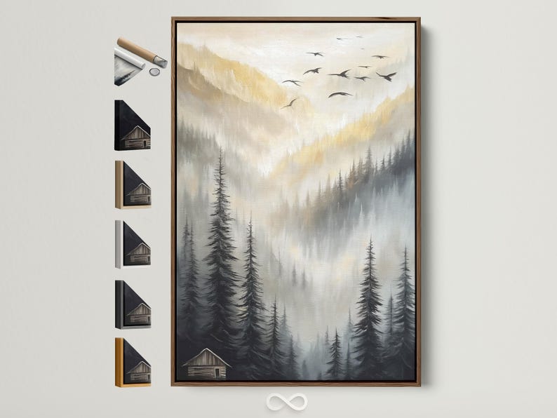 Misty mountain landscape artwork with pine tree silhouettes and birds in the sky