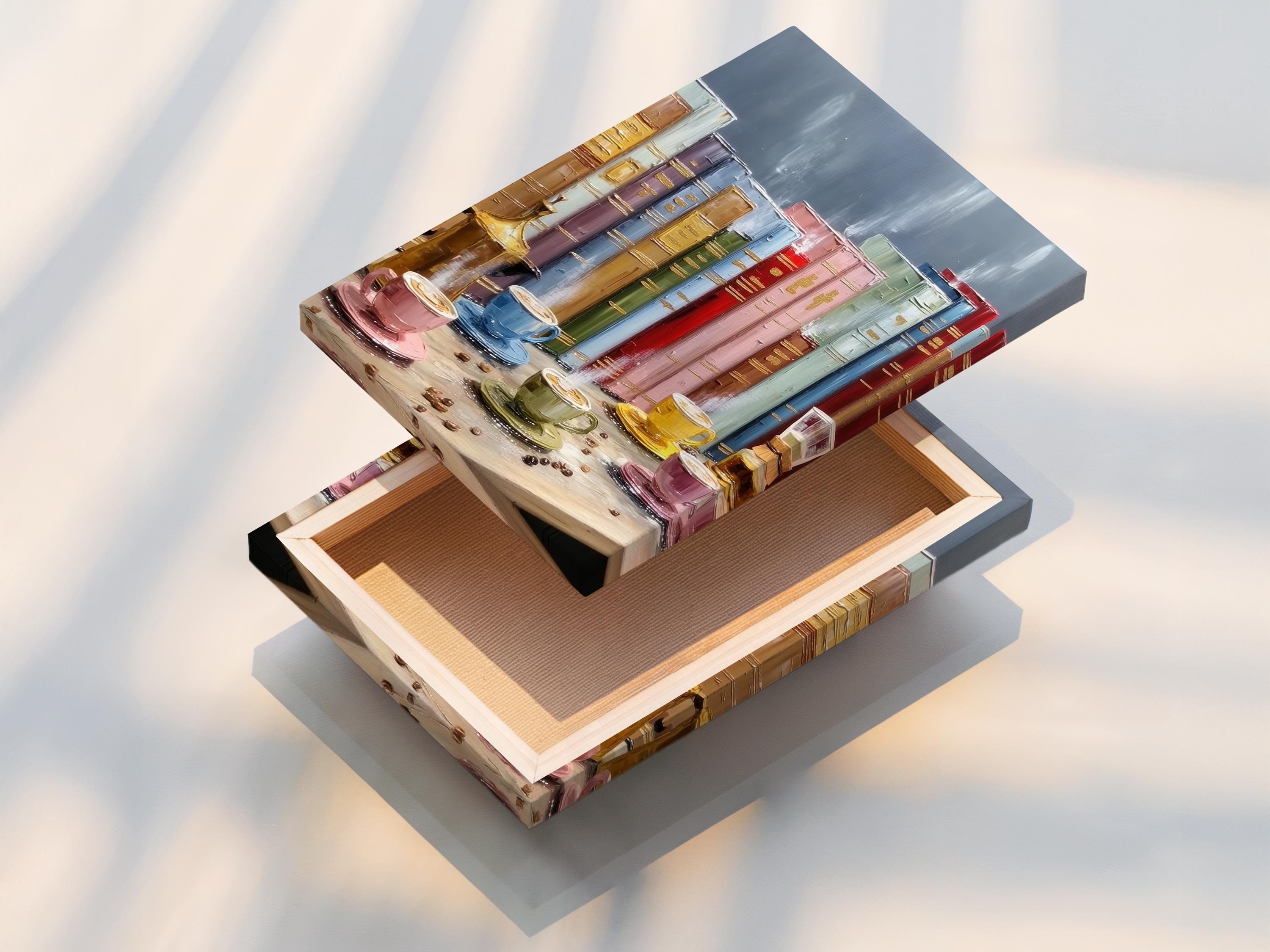 Painterly still life of stacked books and coffee cups with a teapot detail view