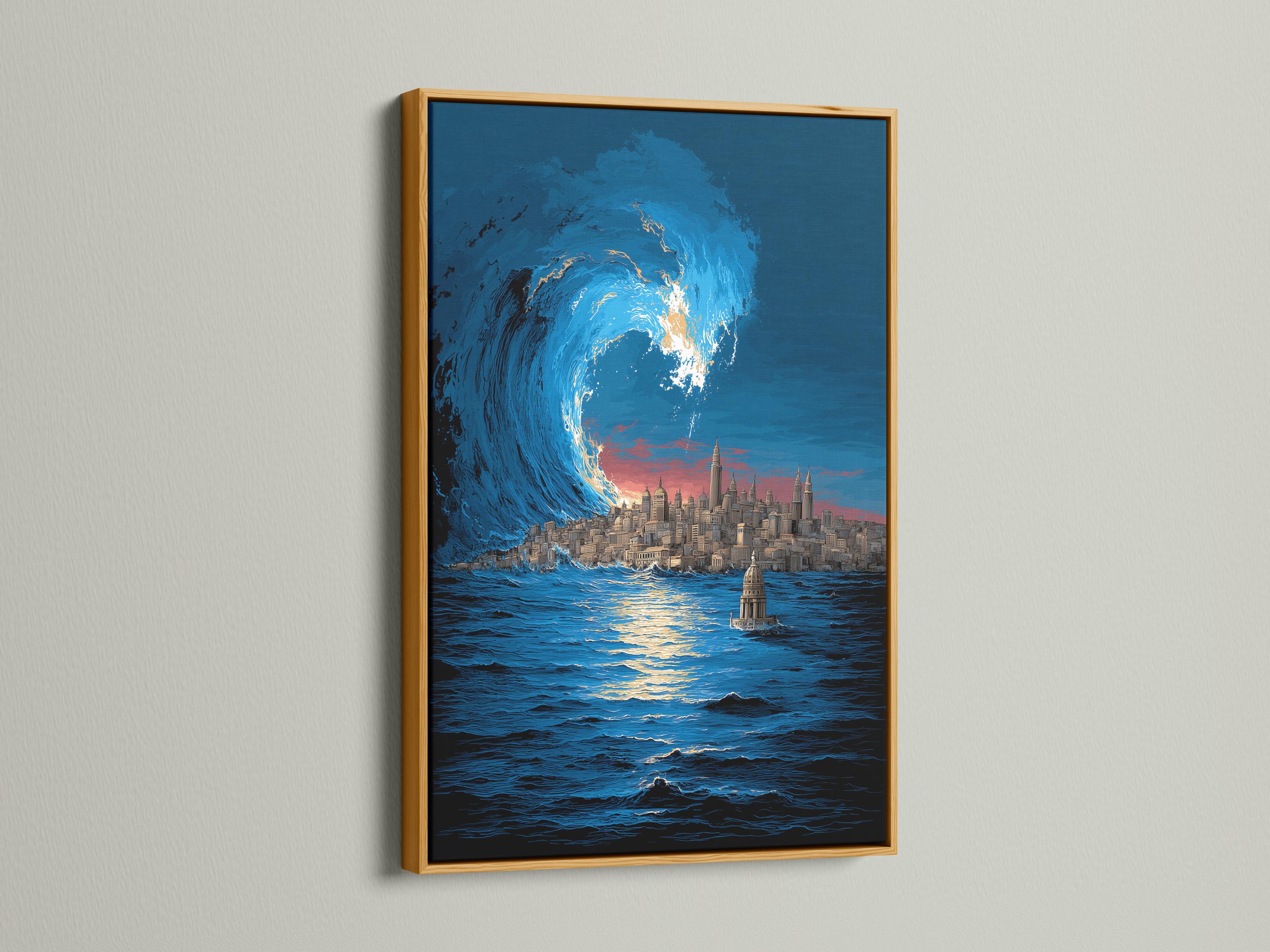 Coastal cityscape artwork in a framed wall mockup showing a large blue wave and skyline