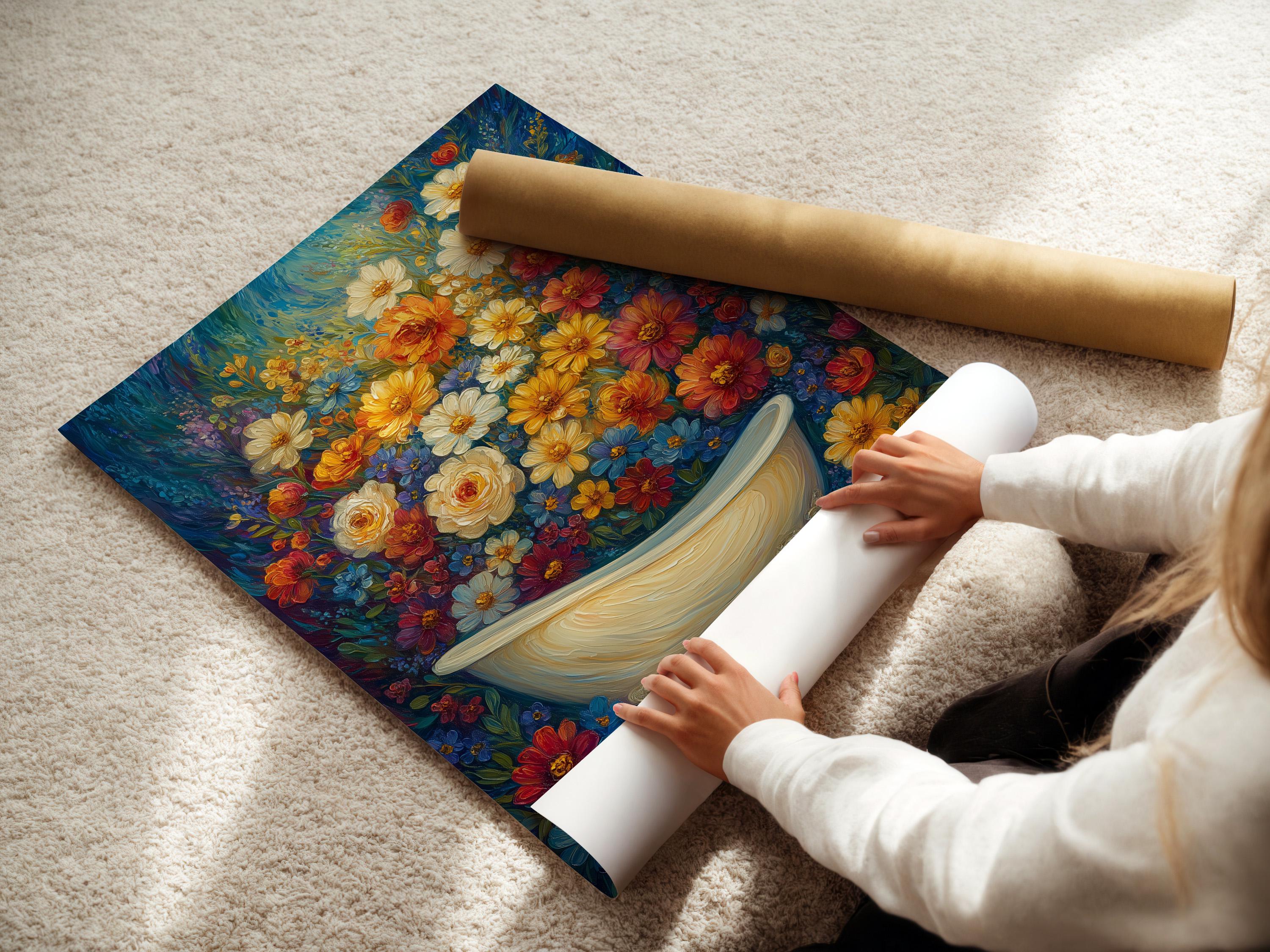 Bathroom wall mockup showing floral bathtub wall art