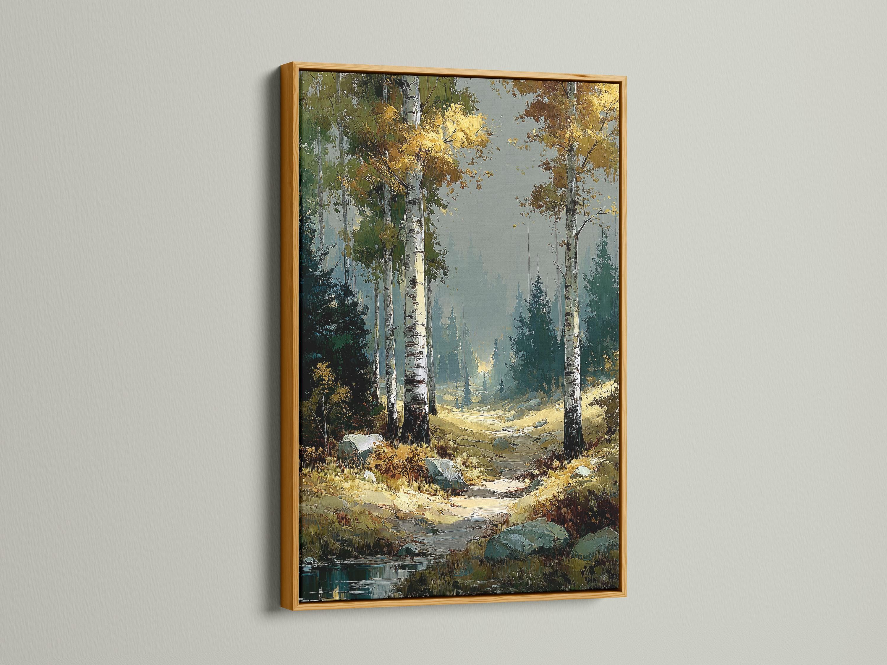 Painterly autumn birch forest landscape with tall tree trunks and a winding woodland path detail view