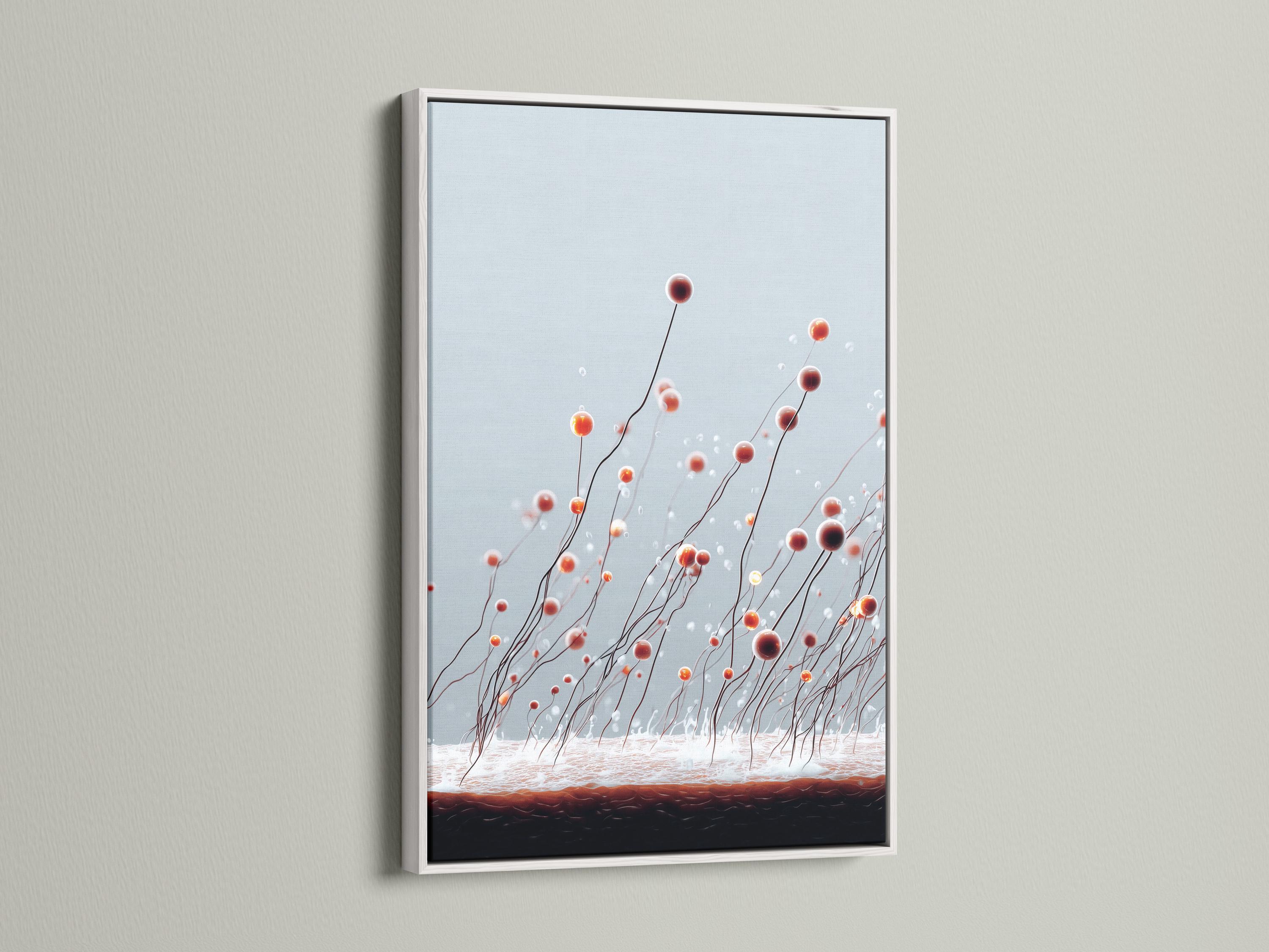 Abstract botanical artwork with curved stems and floating rust and orange bud-like spheres on a pale blue-grey background detail view
