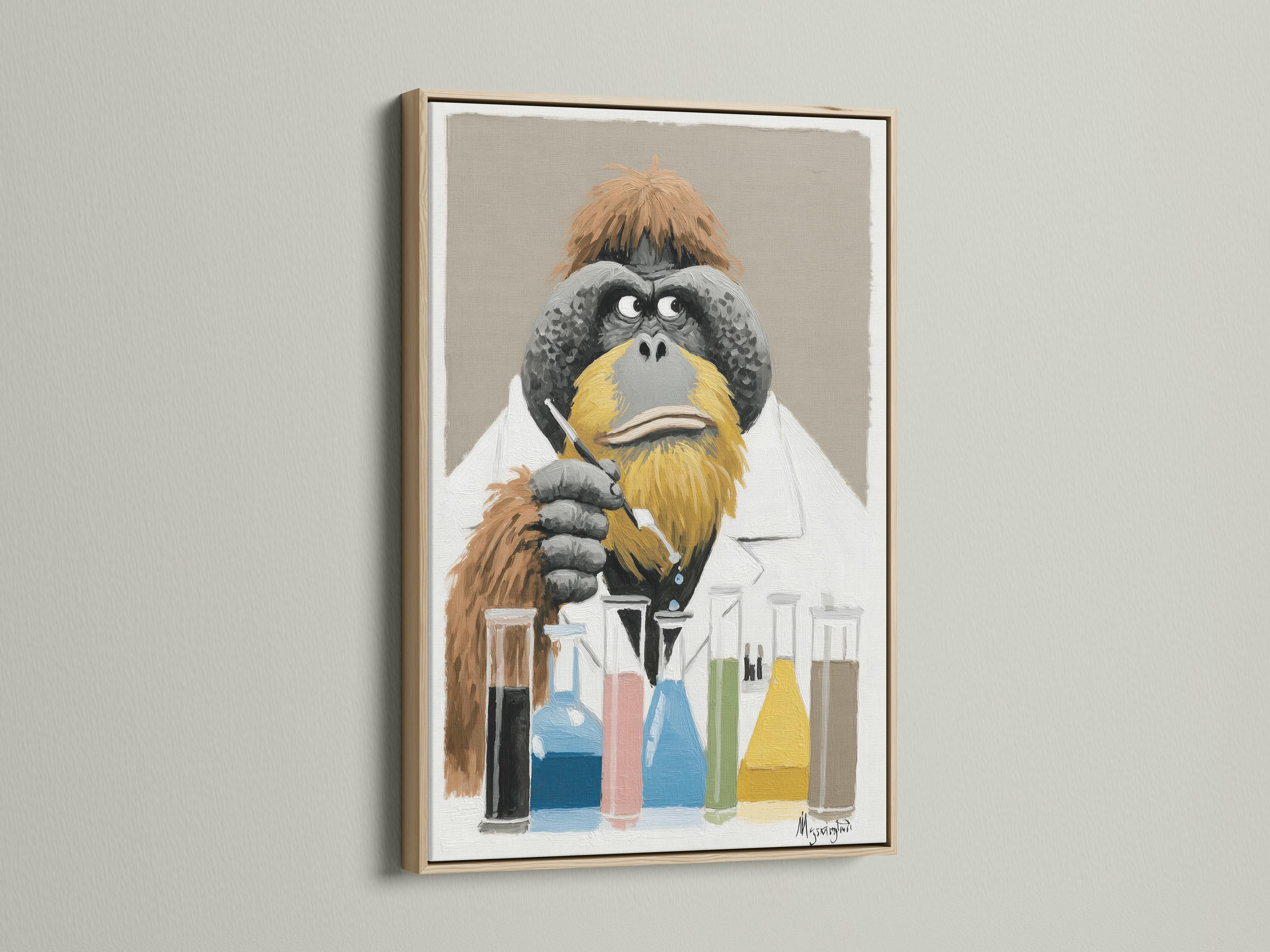Painterly ape scientist in a white lab coat holding a marker-like tool with colourful lab bottles and beakers below detail view
