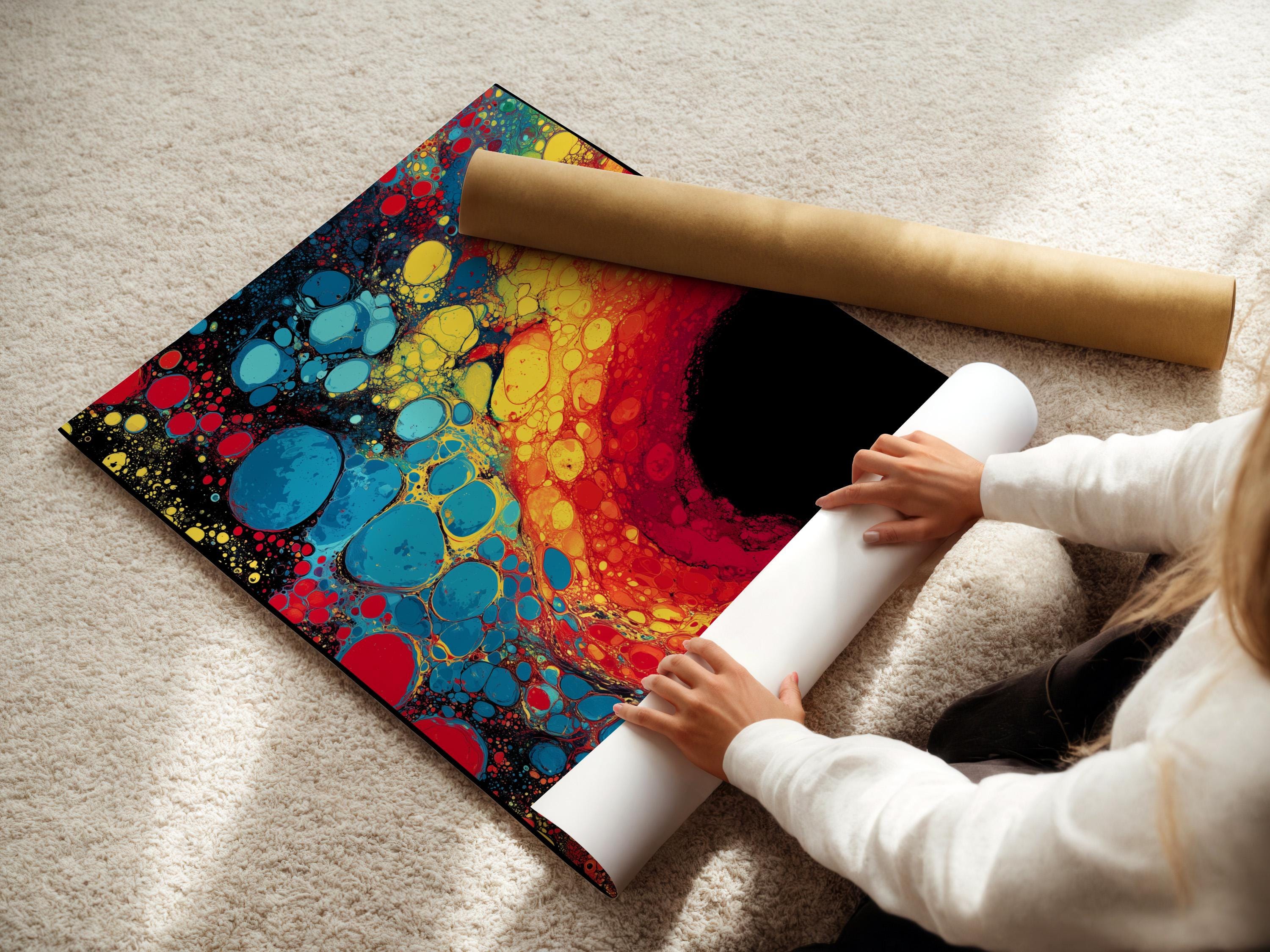 Fluid abstract artwork with red, blue and yellow bubble-like circles on a dark background detail view