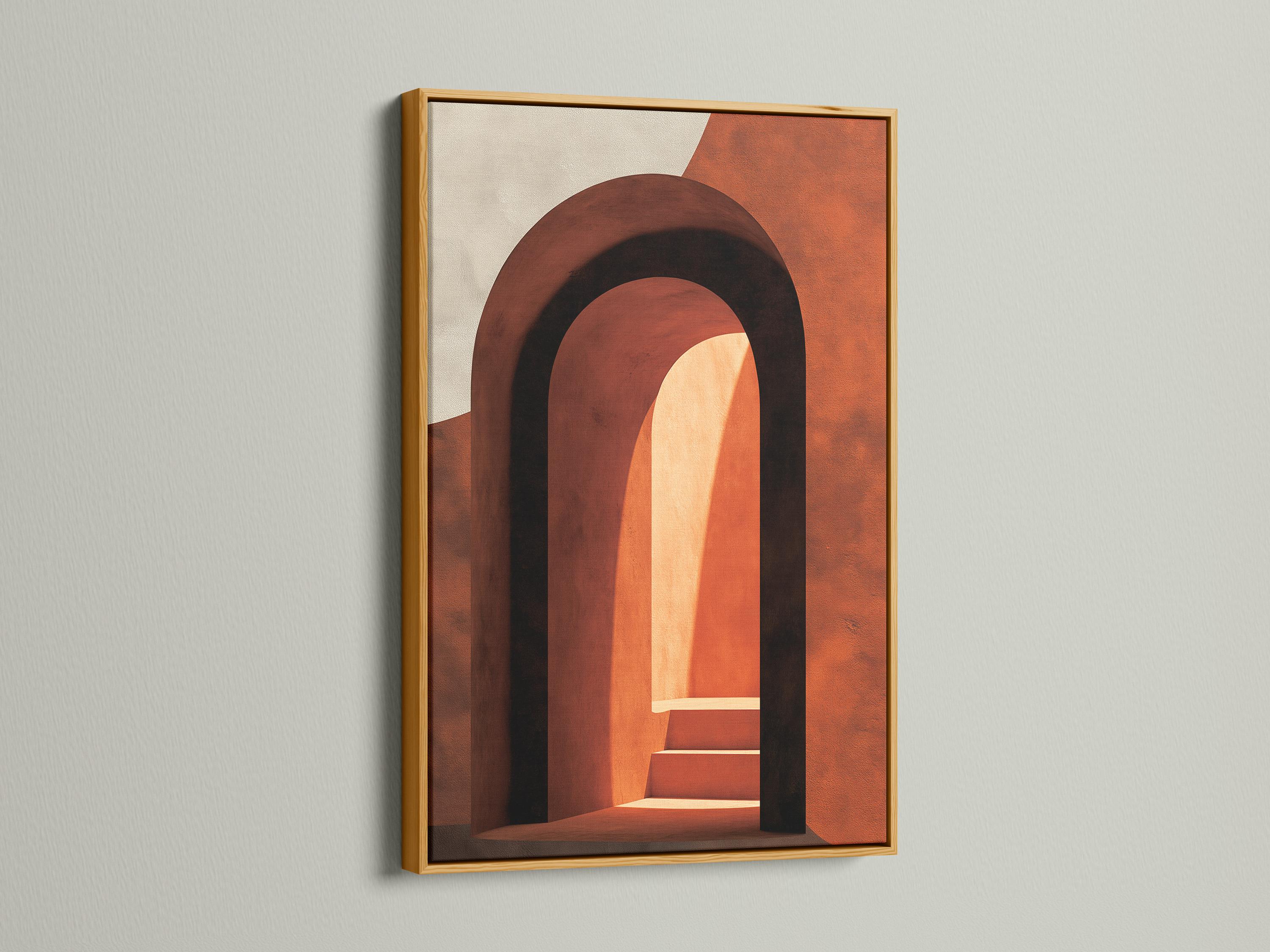 Woman holding a mug standing beside an abstract arch wall artwork in warm terracotta tones