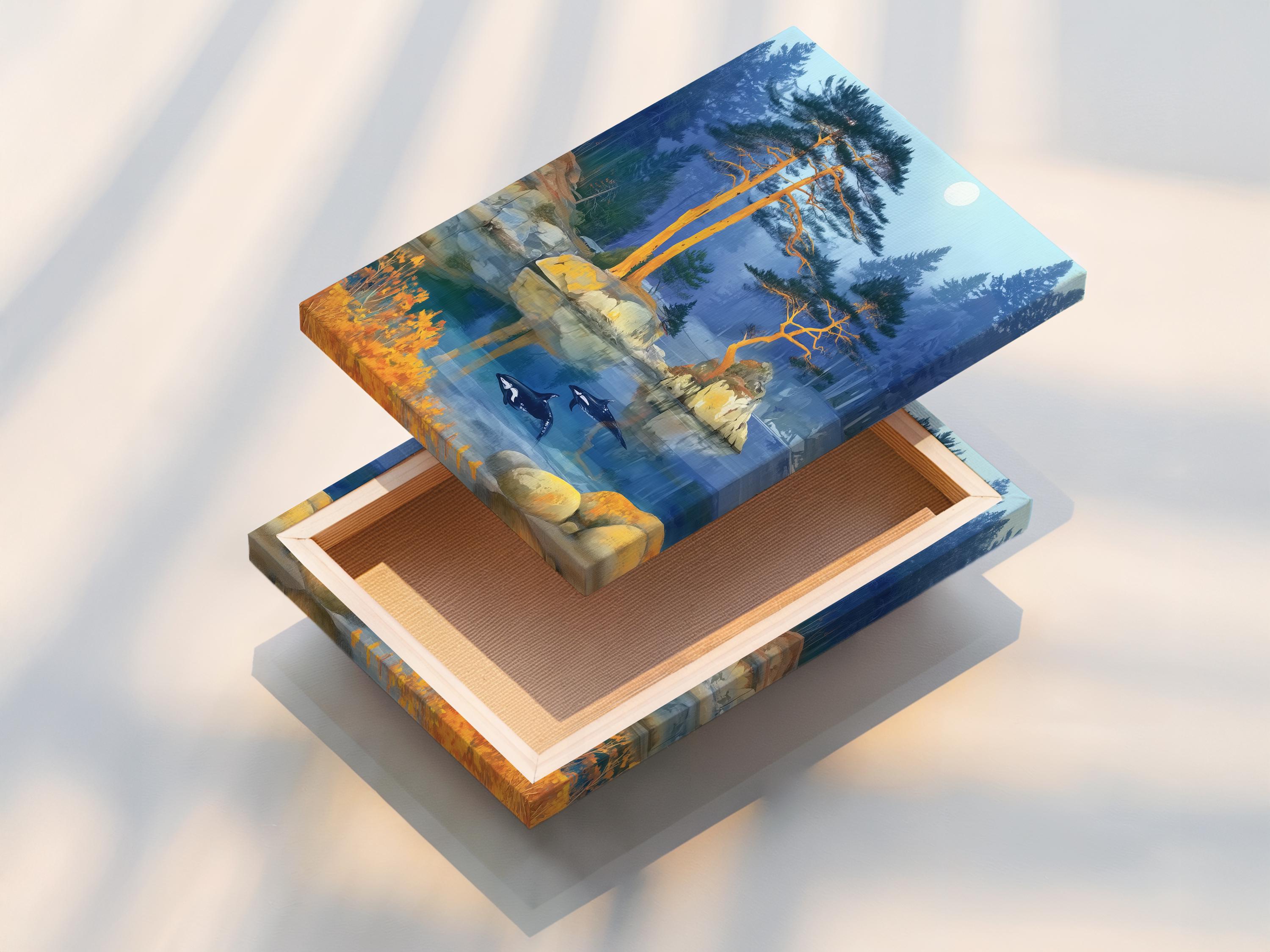 Misty blue lake landscape with golden trees, rocky shore and dark swimming aquatic animals detail view