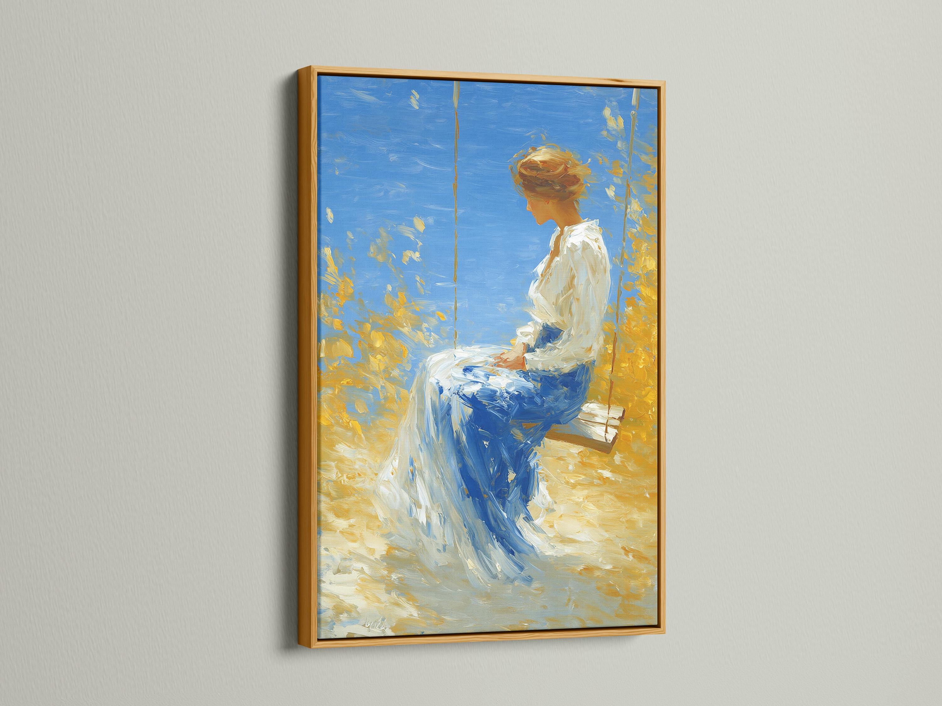 Painterly woman on a swing in blue and gold tones under a bright sky detail view