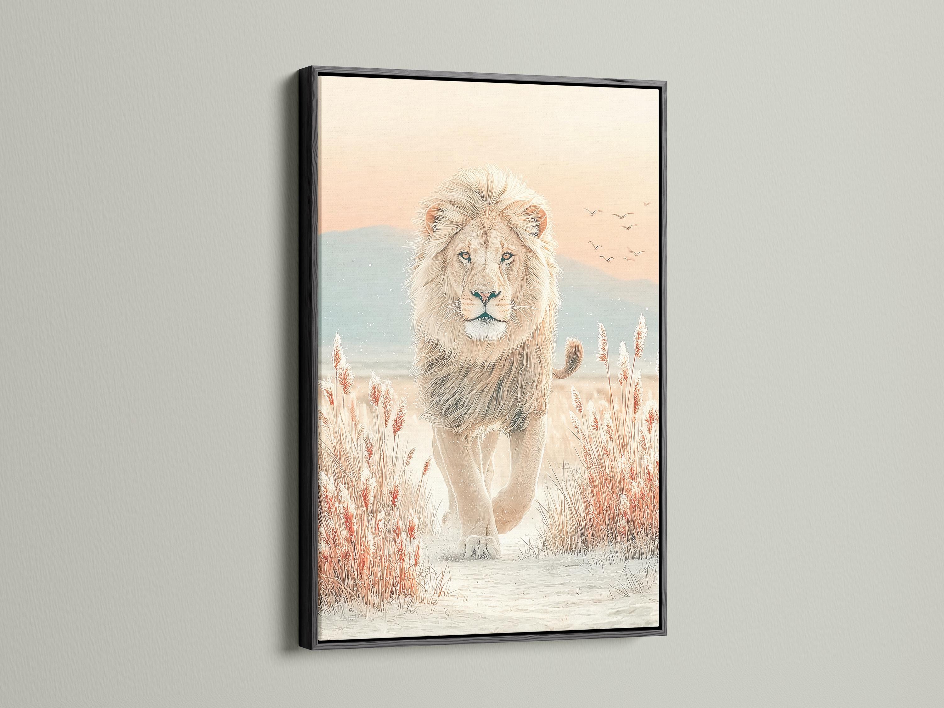 Neutral lion standing in a soft savannah scene with reeds, hills and small birds detail view
